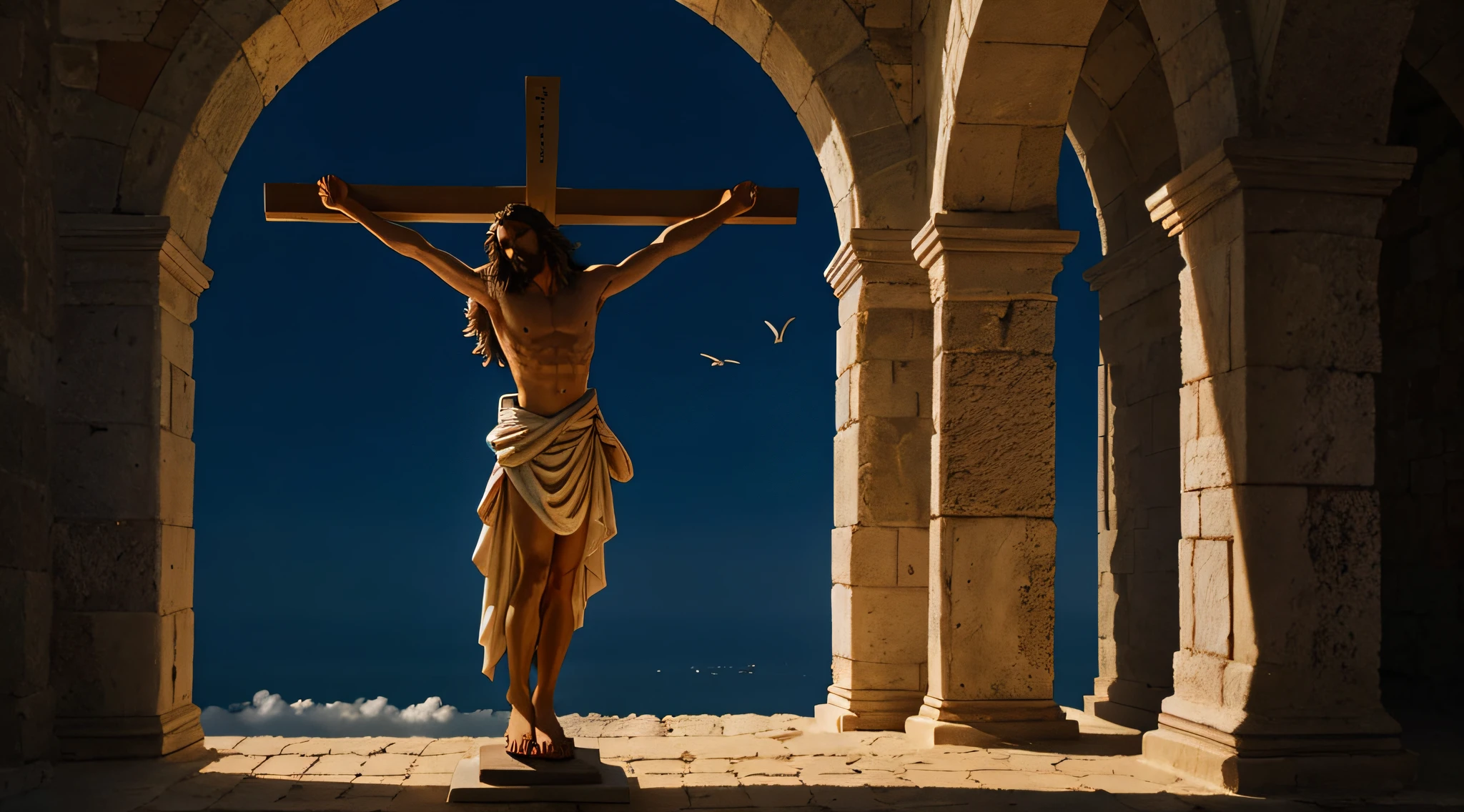 Visualize a respectful depiction of Jesus Christ on the cross, where the scene evokes a sense of deep reverence and contemplation. Capturando a serenidade do momento, destaque a figura de Jesus em meio a uma atmosfera de luz suave, symbolizing the redemption and hope that his crucifixion represents for millions of people around the world."