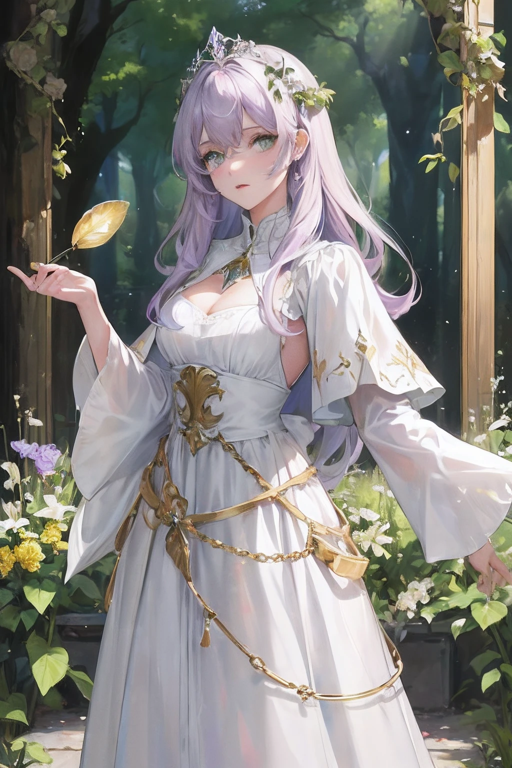 (highest resolution, distinct_image, HDR) best qulaity, ein weibliches Meisterwerk, sehr detailliert, halbrealistisch, (Most of the body), purple white hair, lange Haare, Pony, 23 Jahre alt, jung, schwarz passend, white medieval dress, Schulter frei, (elfen Ohren), goldener Schmuck, goldene Ohrringe, scharfes Gesicht (green eyes, Haare zwischen den Augen), white cape, (zerbrochenes Glas), (Urwald hintergrund, Firefly, papierlaterne), kalt, ernst, authoritarian, kraftvoll, (standing painting), (exquisite facial features, exquisite facial features), Depth of field, epischer Hintergrund, goldene Blumen, Nachthimmel, Vollmond, Moos, Trees, lilianen, Pfeil und Bogen,