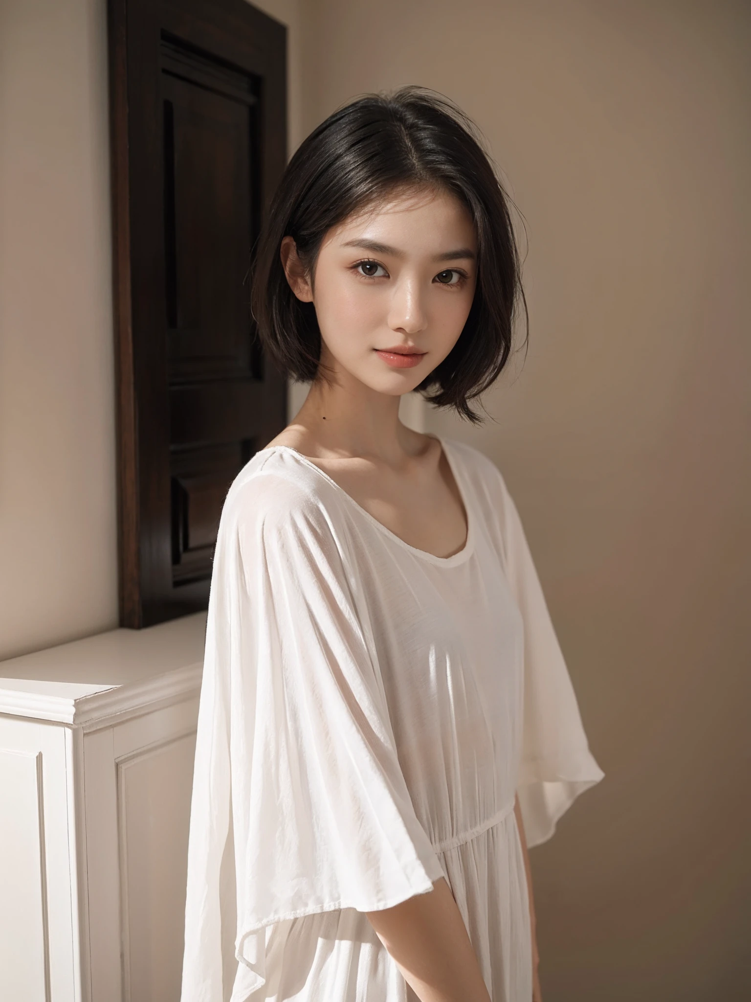 ((smallunderboob,Tomboyish,small heads)), (Well-defined abs: 1.1), (perfect bodies: 1.1), (short-length straighthair: 1.2), Black hair,attractive collarbone，（极其细致的CG 8k壁纸），（Extremely refined and beautiful），（tmasterpiece），（best qualtiy：1.0），（超高分辨率：1.0），upper body photos，[A high resolution]，A beautyful girl，Smooth and flawless fair skin，ultra - detailed ，Elongated legs，flatchest，Slim，emaciated，White dress-style long shirt，inside in room，during night，Dim light，Gorgeous palace，Holding a small white fox in his arms，Close-up，cheerfulness，ssmile