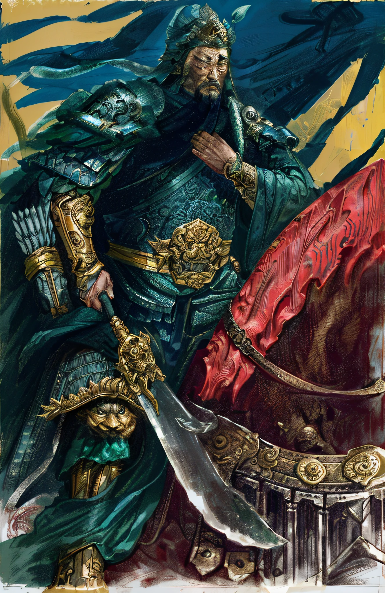Draw a general of the Three Kingdoms on horseback，Wearing a green robe，Wearing gold armor, Guan yu, (4K, Best picture quality, A high resolution:1.1), (Masterpiece:1.1), mtu, (Chinese male:1.2), Middle Age, Warriors, A detailed eye, lbeard, musculous, Mighty, bravery, Powerful, glorious, self-assured， the face，Bracers，shelmet，Armour，handheldweapons, NVIDIA RTX,Super-Resolution,Unreal 5,Subsurface scattering、PBR Texture、post-proces、Anisotropy Filtering、depth of fields、maximum definition and sharpness、Many-Layer Textures、Albedo e mapas Speculares、Surface Coloring、Accurate simulation of light-material interactions、perfectly proportions、Octane Render、Two-colored light、largeaperture、Low ISO、White balance、the rule of thirds、8K RAW、