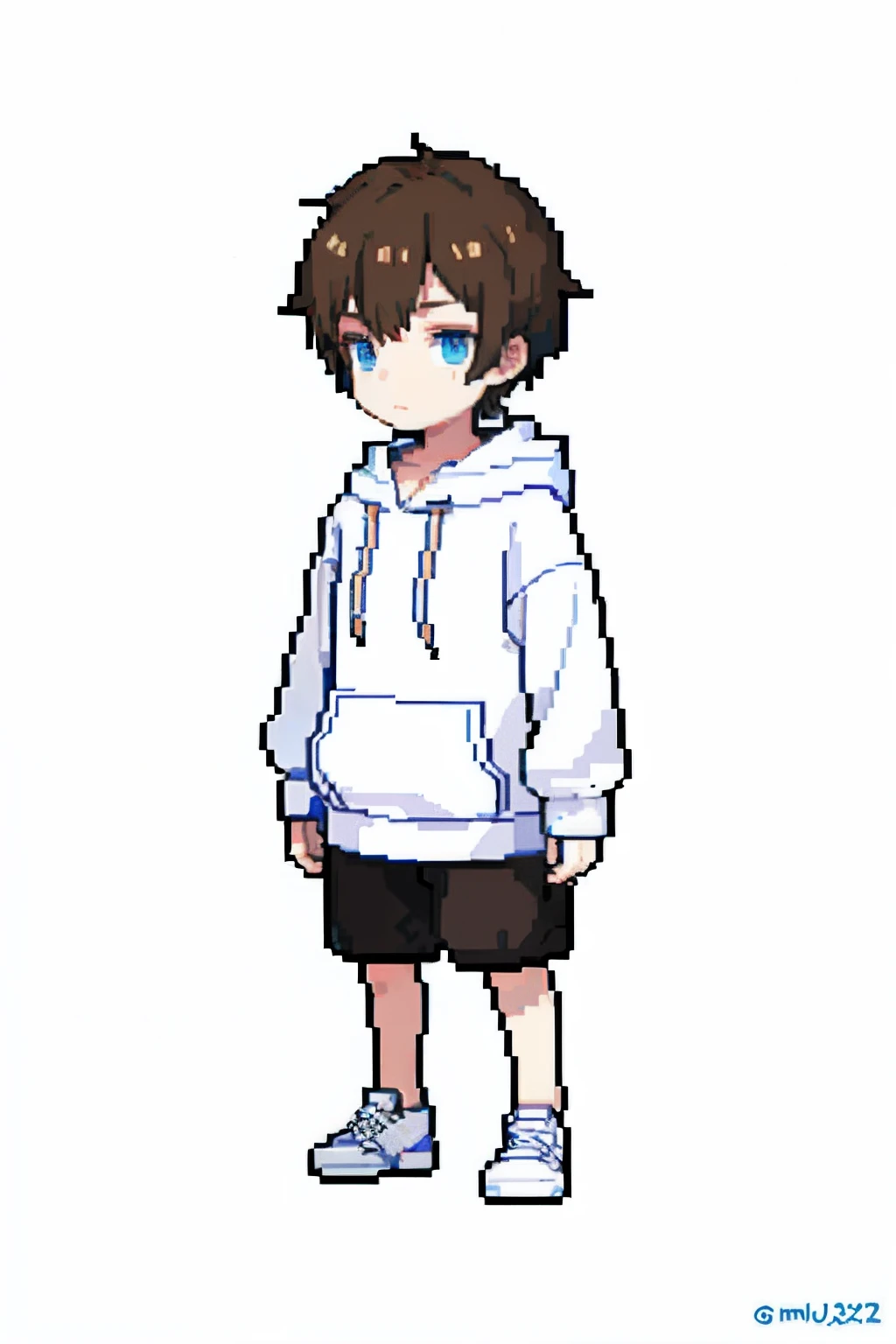(masterpiece, top quality, best quality), pixel,pixel art,1boy,full body,white hoody with black line, blue eyes, brown hair, just a blank white hoodie