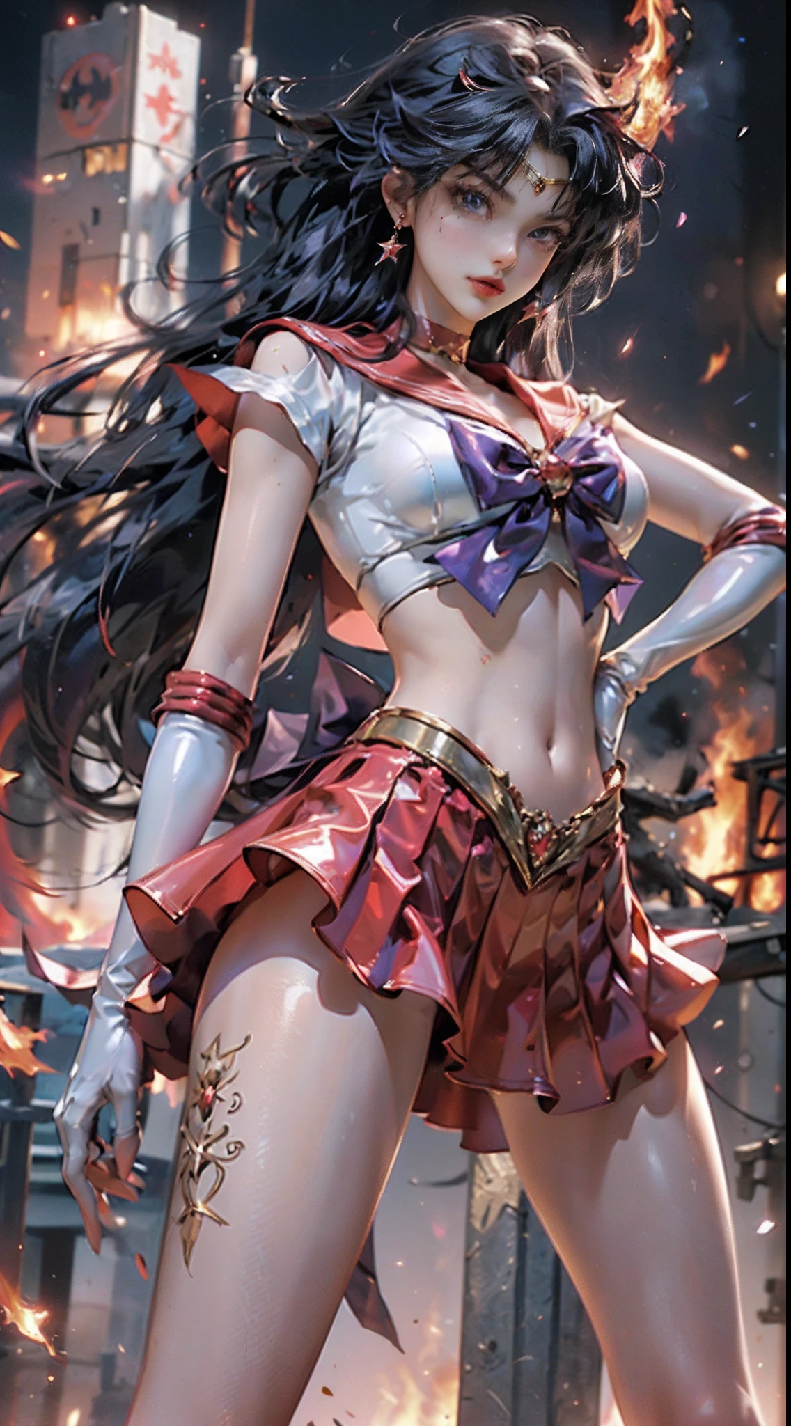masutepiece, full: 1.5, to stand, 8K, 3D, Realistic, Ultra Micro Photography, of the highest quality, Super Detail CG Unity 8k wallpaper, From below, Intricate details,SEXY Mode (1 woman), 28 years old, Glossy crimson sexy pleated ultra super minimum skirt:1.4, Crimson Red Sailor Senshi Uniform, Panties,((SAMA1, tiarra, Sailor Senshi Uniform, White Gloves, Red sailor collar, Red skirt, Sailor Senshi Uniform: 1.2, Sailor Mars: 1.2, meishaonv)), incredibly long straight purplish-black hair: 1.2, Beautiful straight long hair shiny: 1.2, Sailor Senshi uniform revealed, ((very large purple bow in the center of the chest,,: 1.4, Large golden tiara on the forehead: 1.5, , Red gloves on the elbows: 1.1, Glossy red enamel long knee high boots with luxurious gold decoration: 1.3, saturated wide crimson red color,, Saturated crimson sailor color, Long white latex gloves with luxurious gold decoration: 1.3, very large long red bow behind the waist,,: 1.1, Red choker, Cleavage looks sexily boldly big, Red star-shaped earrings)),
Very long hair, Parted bangs, ((Seductive smile, Very pretty face, Face Details: 1.5, Bright purple eyes, Beautiful face, Beautiful eyes, shiny eyes, thin lips: 1.3, thin and sharp pale eyebrows, long dark eyelashes, Double eyelashes)), Luxurious Golden Jewelry, (Very thin and fitting high gloss white holographic leather: 1.3), White Silver High Leg Cut Swimsuit,((Fighting stance)), Huge fiery wings, thin and muscular muscles, Muscular abs, a small face, Huge breasts:1.2, Perfect proportions, thin waist, Visible Pore, Perfect hands: 1.5, Octane Rendering, highly dramatic picture, Strong natural light, Sunlight, exquisite lighting and shadow, Dynamic Angle, Digital SLR, Sharp Focus: 1.0, Maximum clarity and sharpness, (burning hair,Fire divinity,Burning space background,Dynamic frame for the background,human on fire:1.2、fire, Fireball,spark of light,Dynamic Fire,Dynamic Frames,Marz,Moonlight,Moon, dynamic background, Detailed background),(kda),