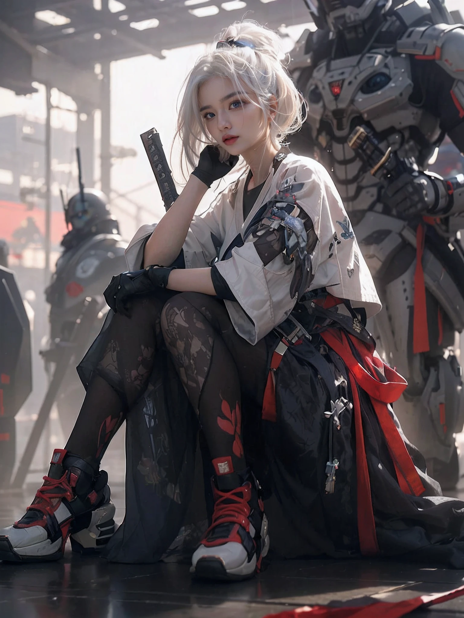 1girl, 8k potrait of beautiful asian girl with white hair, asian skin tone, intricate, elegant, realistic depth of field photography, perfect natural lighting (masterpiece, sidelighting, finely detailed beautiful blue eyes: 1.2), long hair, realistic lots of hair, realistic suit, realistic human face, realistic mecha and cyber city background,