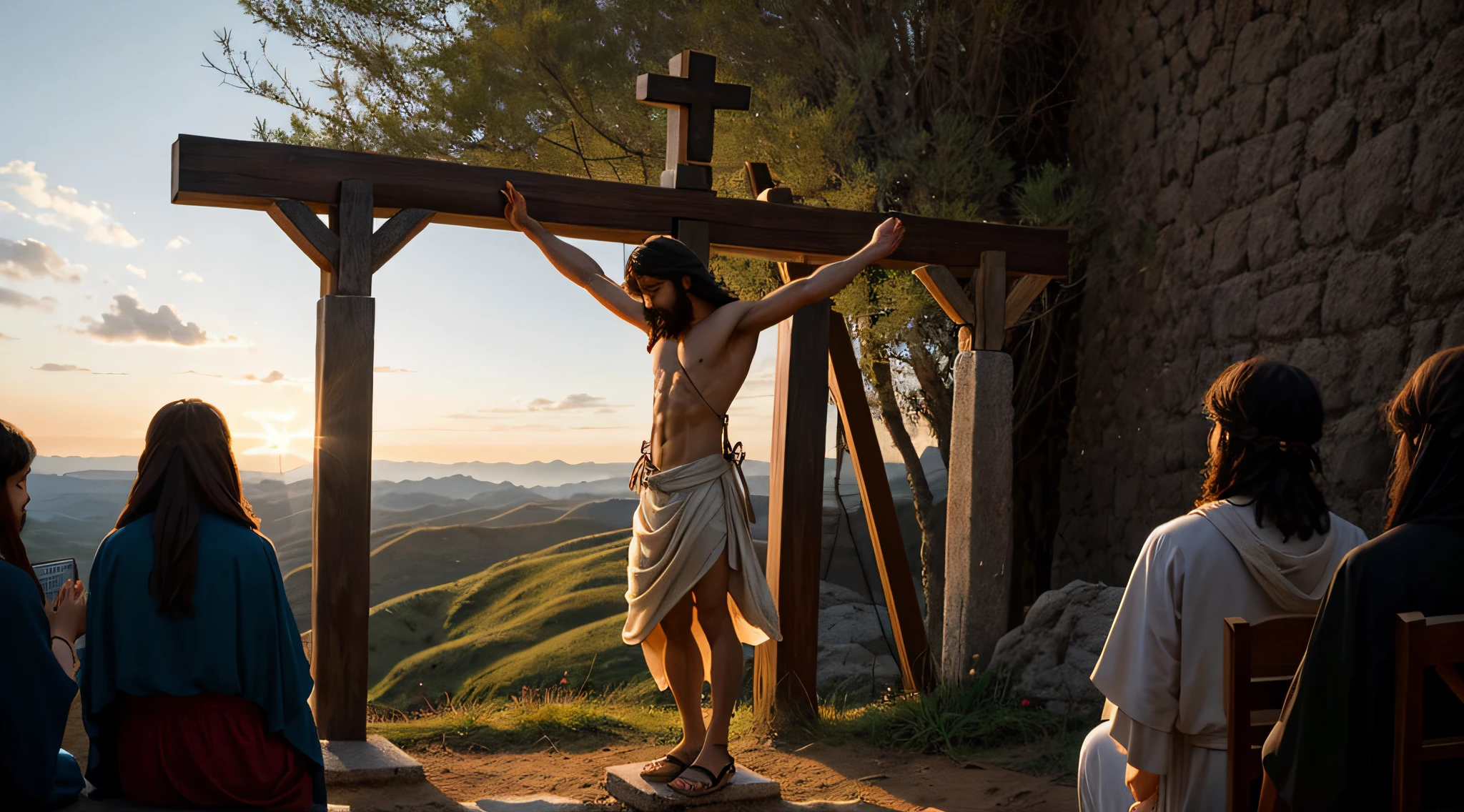 Visualize a respectful depiction of Jesus Christ on the cross, where the scene evokes a sense of deep reverence and contemplation. Capturando a serenidade do momento, destaque a figura de Jesus em meio a uma atmosfera de luz suave, symbolizing the redemption and hope that his crucifixion represents for millions of people around the world."