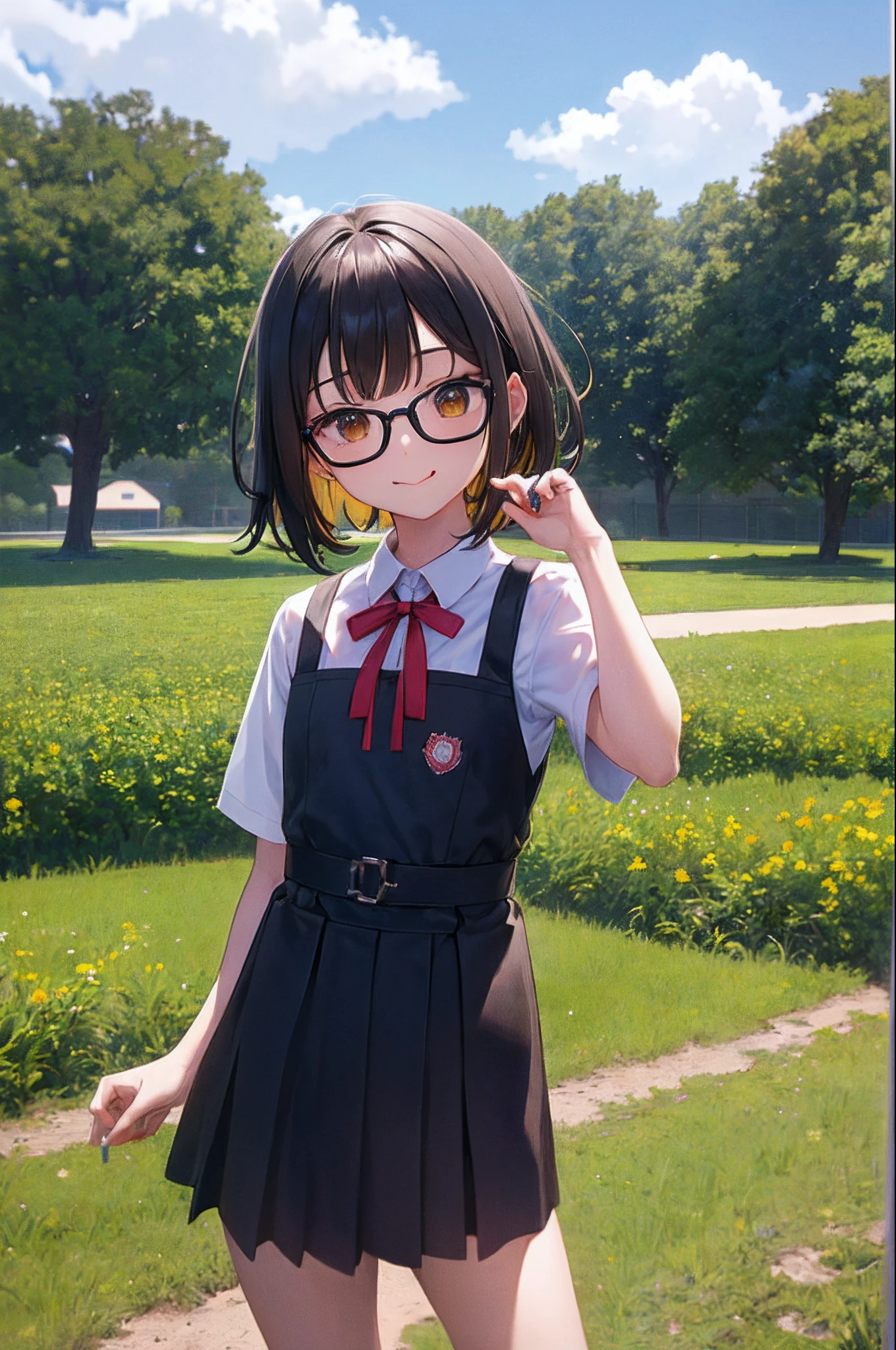 (masutepiece, Best Quality, Capture super cute moments, depth of fields, ultra-detailliert, Ultra High Resolution, C4D, Octadale, 3D Modeling, 8K, 16 K, one girls、a 、A dark-haired、short-hair、straight haired、Light brown eyes、hair adornments、wearing black glasses、kawaii faces)、field、Lots of vegetables