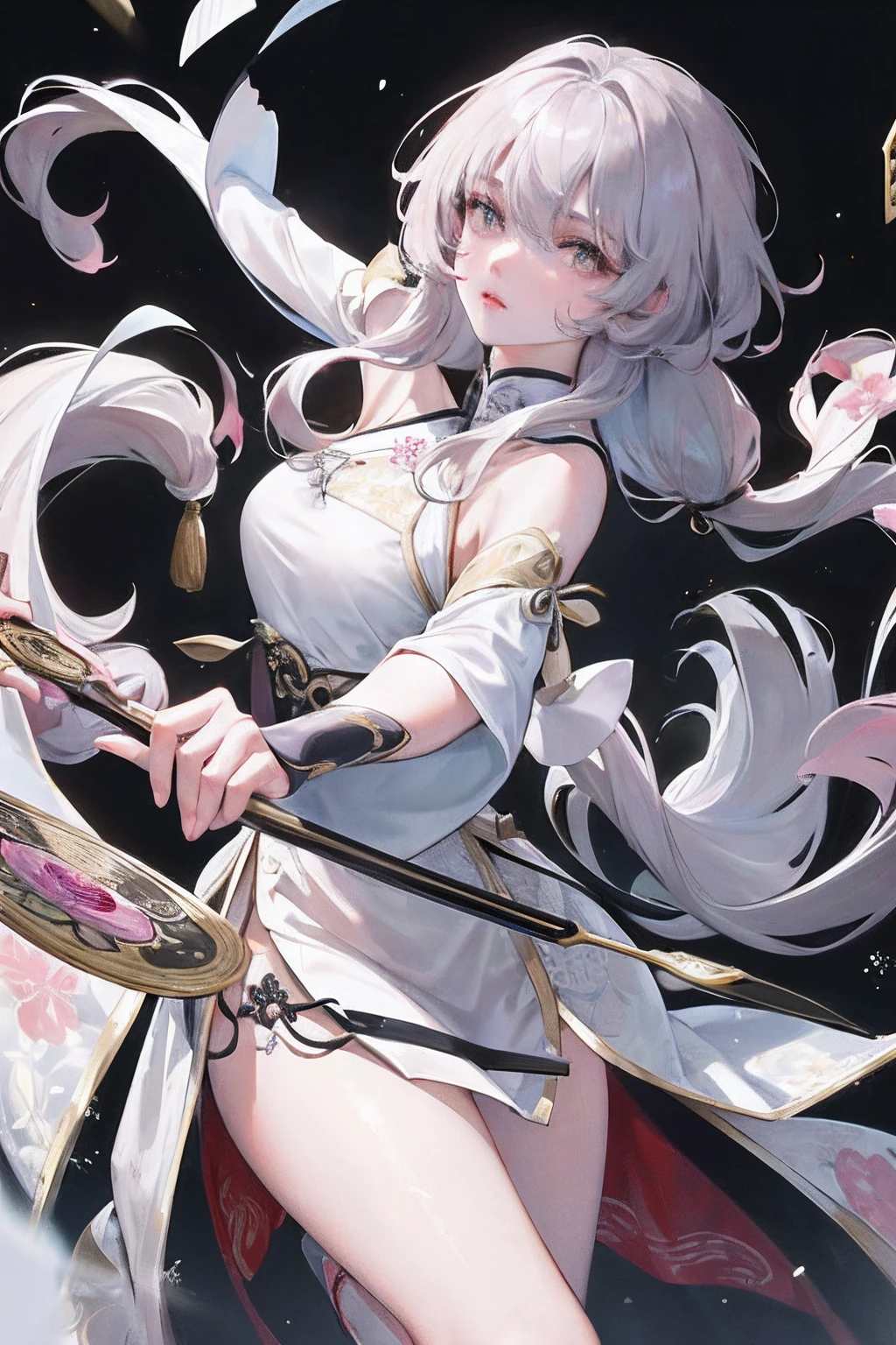 8K, masterpiece, best quality, night, full moon, 1 girl, Chinese style, Chinese architecture, mature woman, sister, silver white long haired woman, long hair, light pink lips, calm, rational, bangs, gray pupils, assassin, fan, knife fan, petal dancing, delicate face,