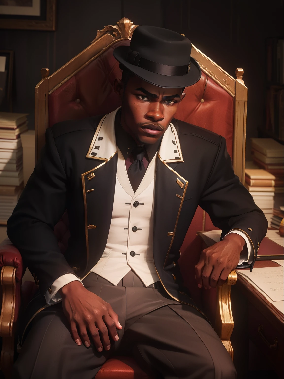 (Black man in hat with overcoat sitting on a chair in an office
