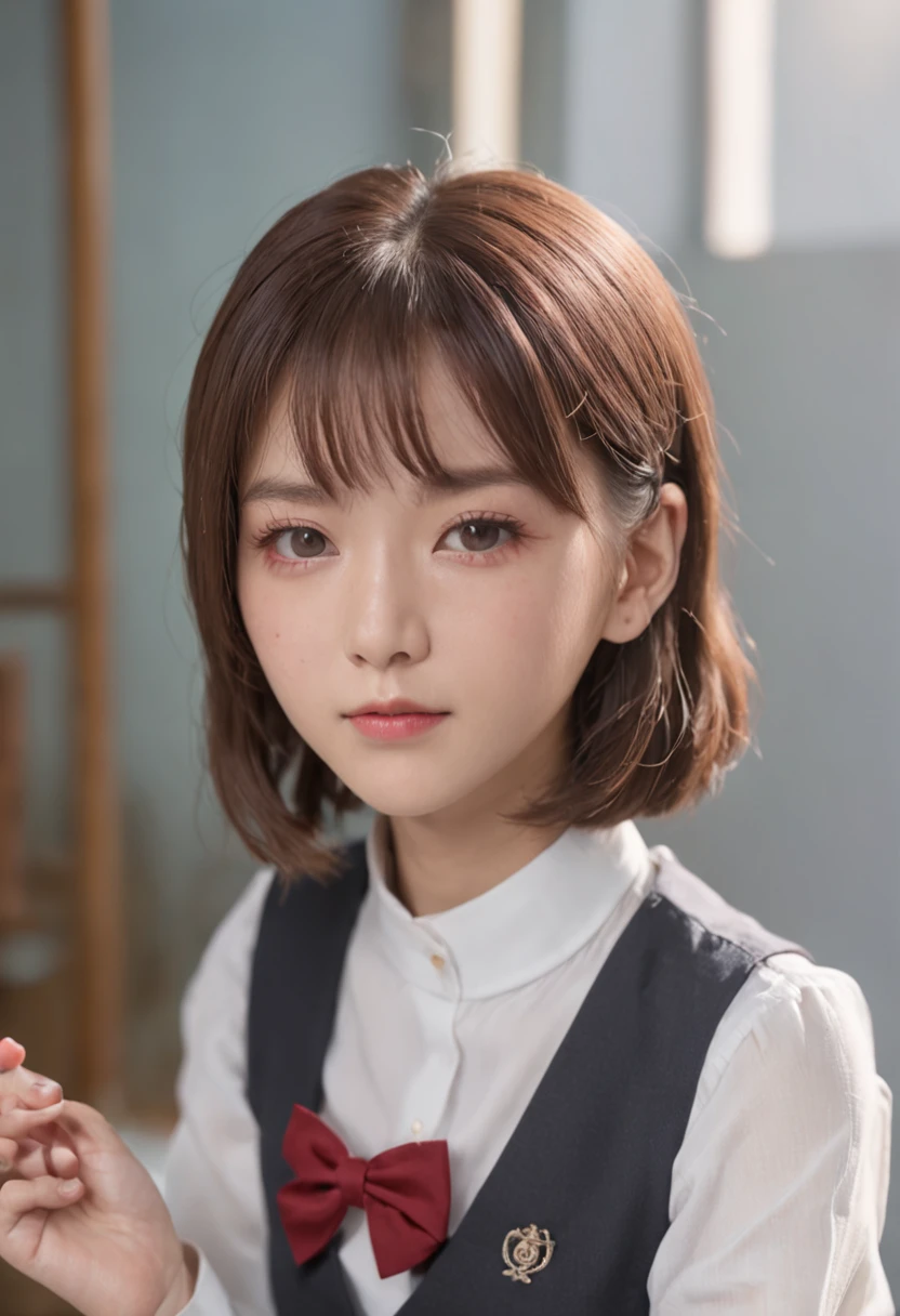 1 Very Cute Girl、12 years old、short hair、White Hair、Blue background、Upper body、(head shot:1.5)、Eyes focus、Collared shirt、Laughter、、(8k、Raw photo、highest quality、masterpiece:1.2)、(Realistic、Photorealistic:1.3)、Hmph、Deep depth of field、Wide Light、High Contrast、(Shine:1.4)、chromatic aberration、Sharp focus、RAW color photoovie stills、Cinematic lighting、8k resolution、