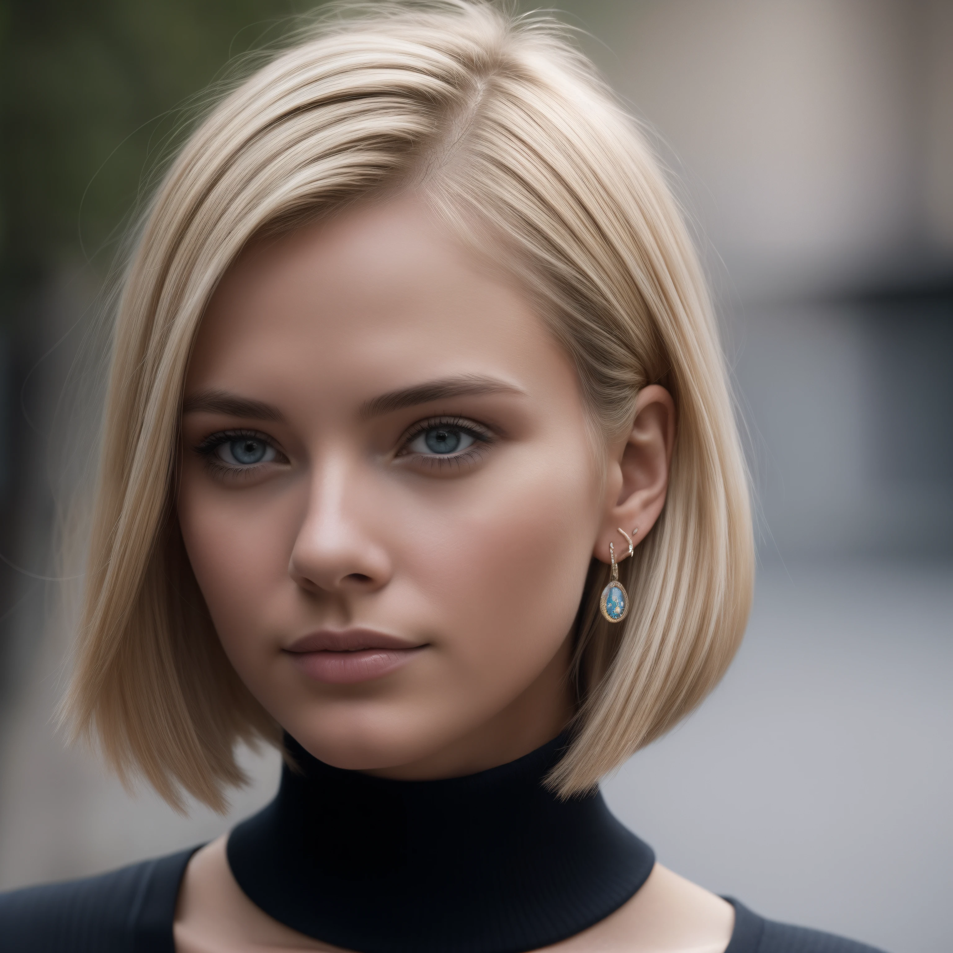 Slender, young, short blonde hair, blue eyes, in town, natural skin texture, 24mm, 4K textures, soft cinematic light, RAW photography, photorealistic, photorealistic, complex, elegant, highly detailed, sharp focus, (((cinematic look))), calm Tone, Insane Detail, Complex Detail, Ultra Detail, High Contrast, Soft Cinematic Light, Dim Colors, Exposure Blending, HDR, Faded, Cold, Waist Thin, Well-Proportioned, (8k, 4k, Top Quality, Hi-Res: 1.1), (Realistic, Photorealistic: 1.1), Girl 1 People, Solo, Face, Twin Tails, Blonde Hair, Bangs, Long Hair, Necklace, Earrings, Lips, Eye Shadow, Jewelry, (Viewer Looking For: 1.8), Spaghetti Straps, Detail, High Contrast, from_side, srfc, stunning complex full color portrait, wearing black turtleneck, spectacular character composition, by Ilya Kubushinov, Alessio Albi, Nina Masic, sharp focus, natural light, sub-surface scatter, f2, 35mm, film grain