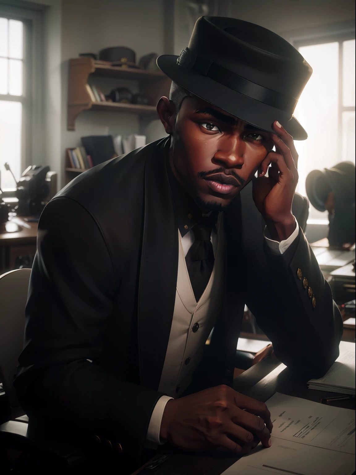 (Black man in hat with overcoat in an office looking at camera