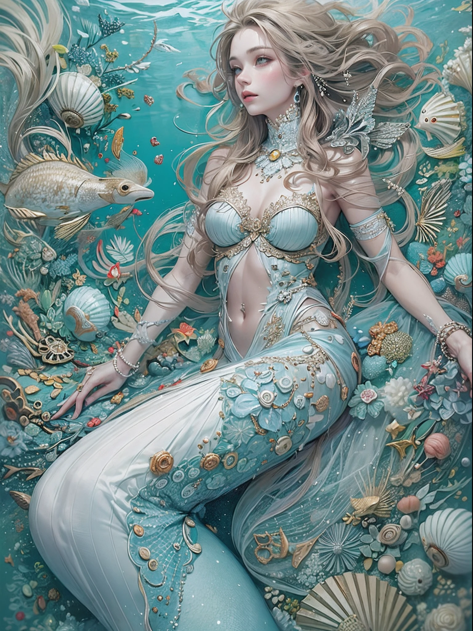 official arts, Unity 8k壁纸, Ultra-detailed, Beautiful and aesthetically pleasing, tmasterpiece, beste-Qualit, (zentangle, a Mandala, clew, meshing), (s fractal art: 1.3), 1mermaid, (hairstyle: Long hair) ocean, Extremely detailed, dinamic angle, Cowboy shot, Most Beautiful Form of Chaos, elegant, a brutalist designed, bright colours, romanticism, seafoam, bubbles, Shells, Fish, pearls