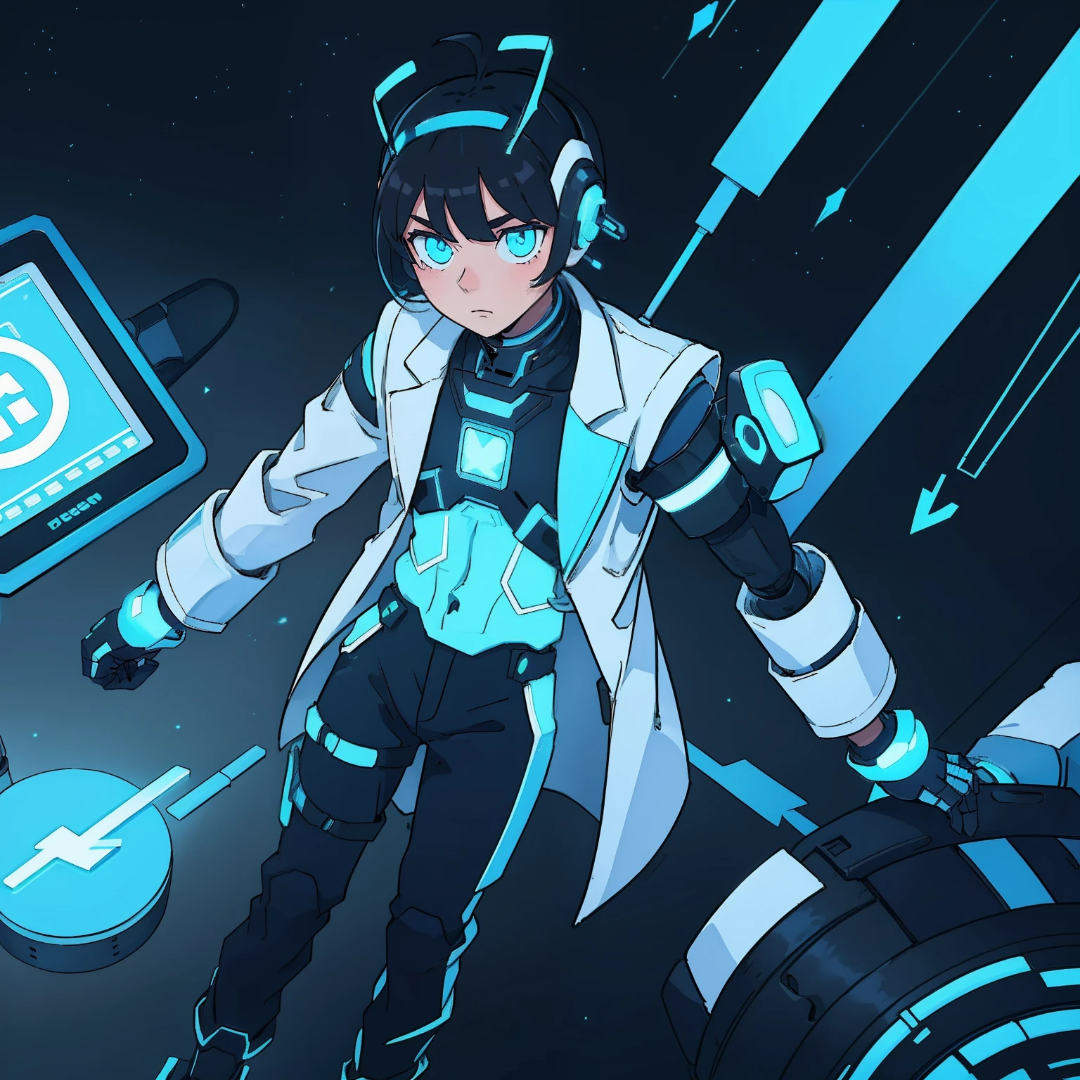 robot, man, antennas on head, white coat with neon blue buttons, black gloves with white and blue cuff, black pants, black boots with neon blue down arrows, holding see though tablet