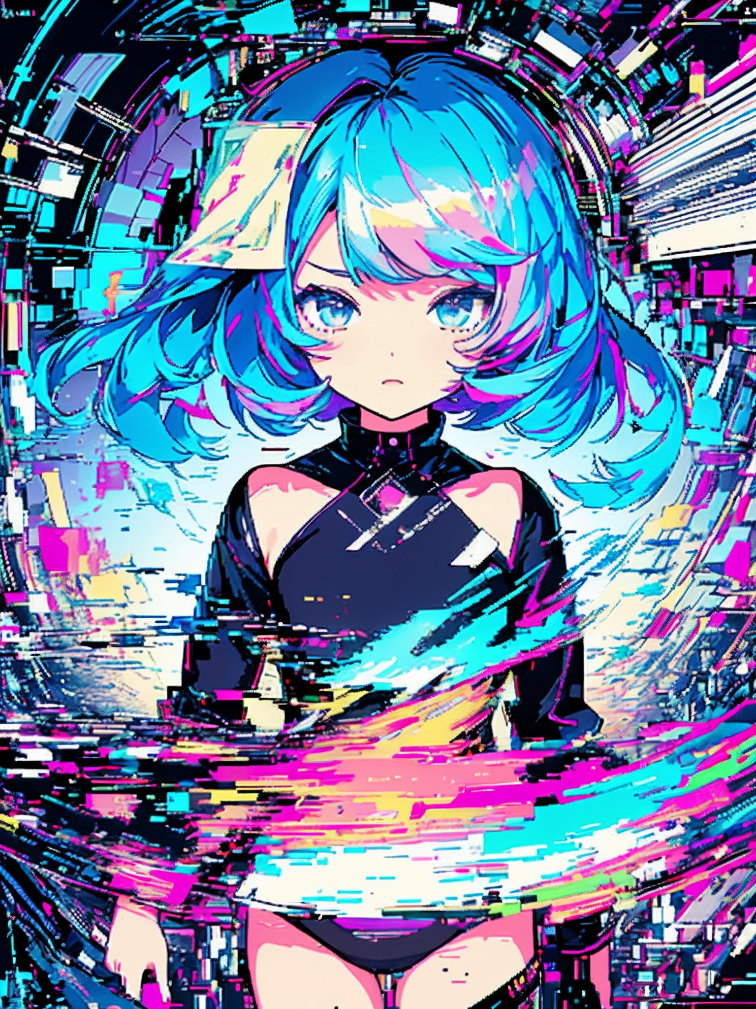 (masterpiece、top-quality、top-quality、Official art、beautifly、Aesthetic:1.2、(1girl in:1.3)、glitch art、(digital distortion)、pixelated fragments、data corruption、Colorful Noise、Visual confusion、modern aesthetic、Runaway light and electricity、Atmospheric swimwear、steam、fumo、A vortex of chaos and madness