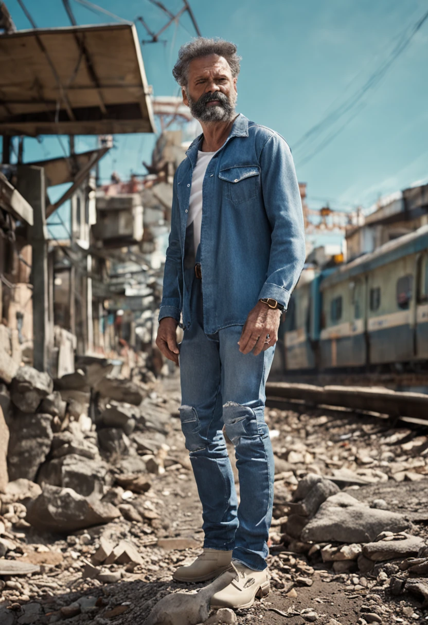homem, 50 anos, camisa branca, Denim Jeans Pants, um metro e oitenta de altura, cabelo grisalho, boot on the feet, white safety helmet