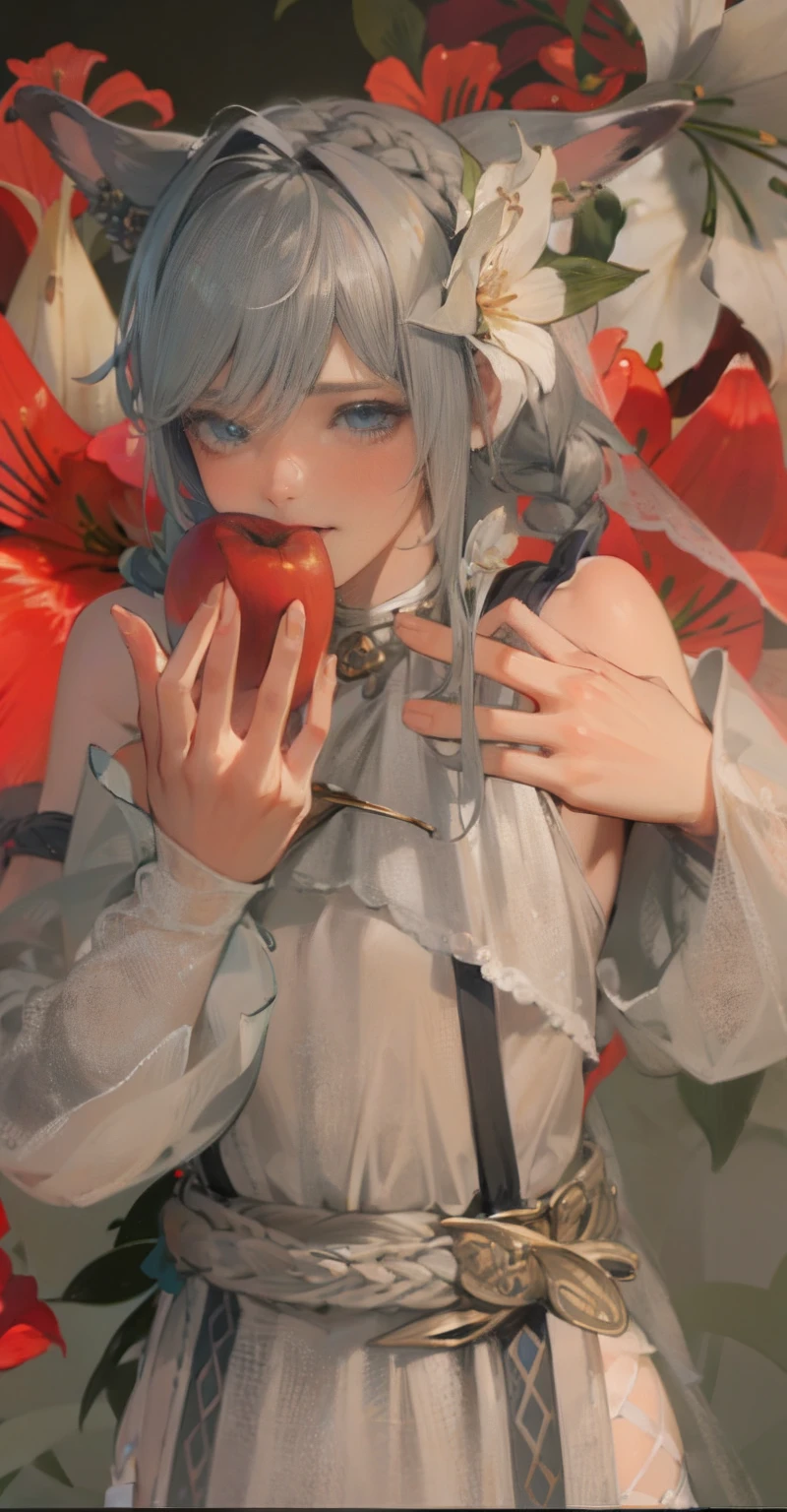 a anima cat girl holding an apple ready to eat, with index finger, Final Fantasy XIV ,(Unity 16K wallpaper, Masterpiece, Best quality, Ultra-detailed, Extremely detailed CG, Caustics, Cinematic lighting, Detailed, Beautiful detailed eyes, Solo,Red lily and white lily background),超高分辨率, Fine skin、Small breast,14 years old、Heteropupil，Blue eye and yellow eye、pale Gray hair, short pony tail on the left side，Braided around pony tail , Pixie cut, Cat gril, long Wedding veil, quadratic element, pure white clothes，Asphodelos Chiton of Healing，curate，White mage, fluffy tail with long fur.laugh with Tiger Tooth,tear moles, happy