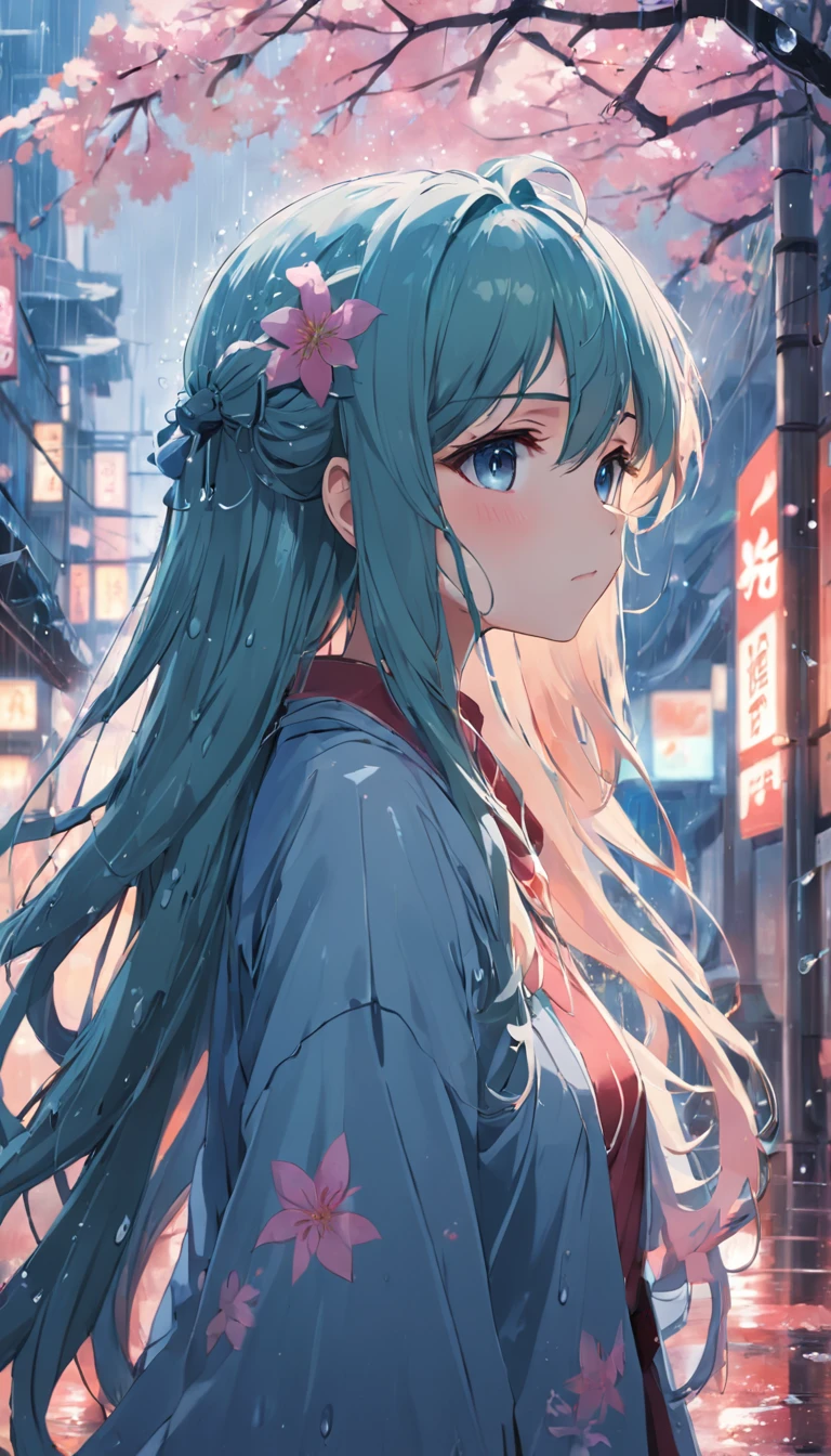 anime girl with long hair and flowers in her hair, beautiful anime artwork, style of anime4 K, anime art wallpaper 4k,rainy day,windows,window,rain drops