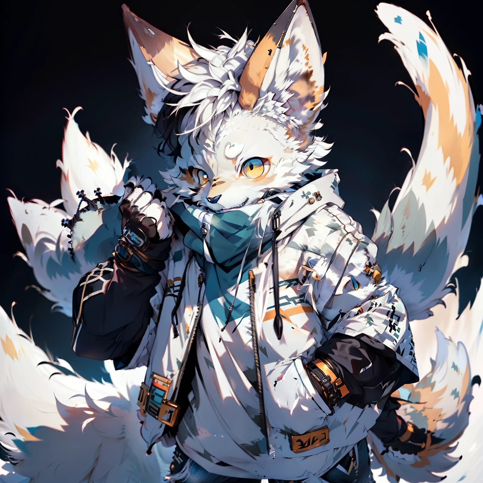 furry,shaggy,White fur,male people,canid,arctic fox,solo person,sharp talons, Detailed fur, Golden eyes,Fluffy tail,Blue sweatshirt,white jean,ultra - detailed:1.0,the city street,detailedbackground