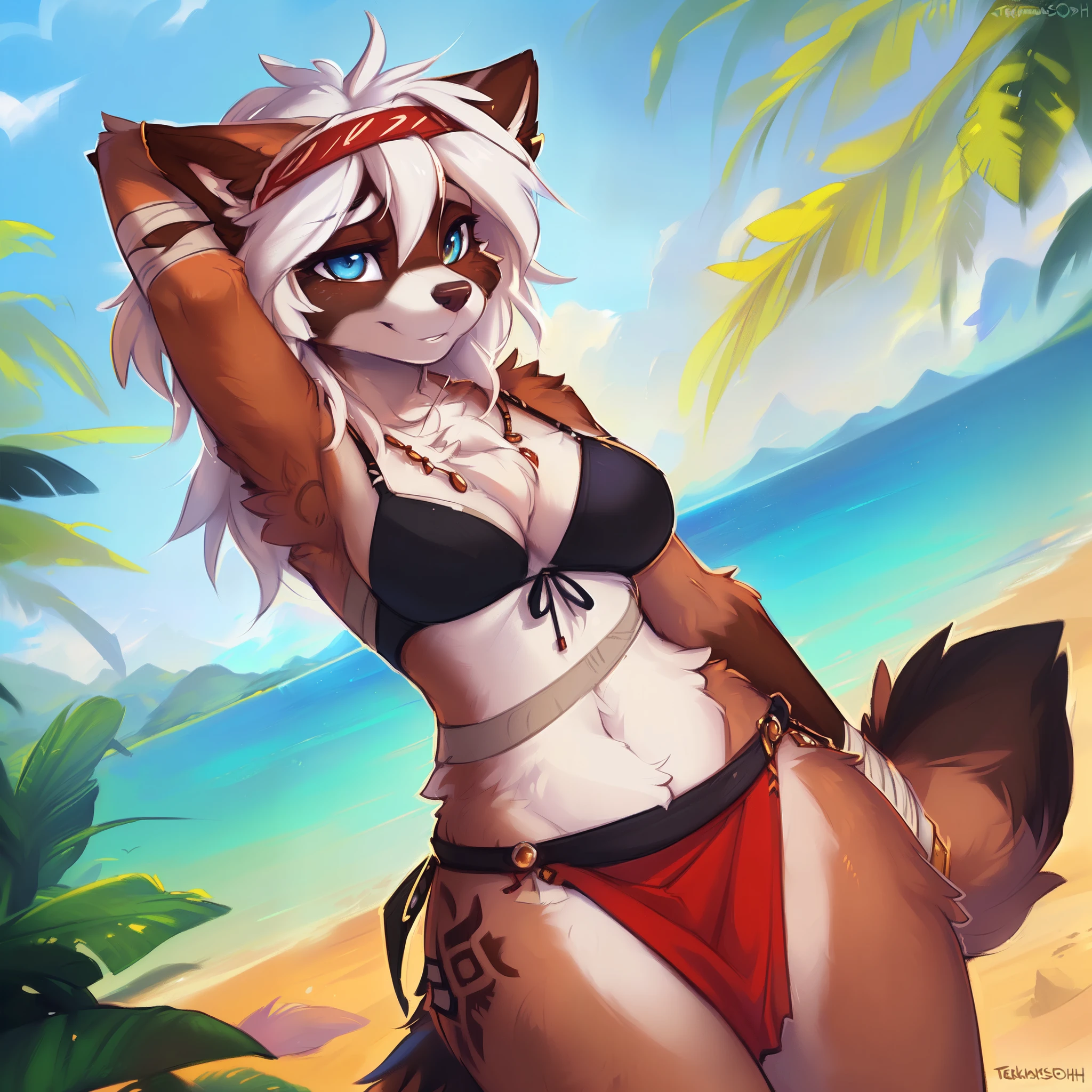 Uploaded the E621, Beautiful and detailed portrait of a female raccoon anthro (((female)), uploaded to E621, by kenket, Ross Tran, ruan jia, zaush, foxovh, by Zackary911, by hyattlen, by teranen, by fumiko, by Pixelsketcher, by Bayard Wu, by Thomas Benjamin Kennington, by Einshelm, by Kilinah, by Coffeesoda, by Hioshiru, by fluff-kevlar, by r-mk, by Dimwitdog, Zenémic lighting, (((confident, seductive))), BL, raccoon, Thighighs, large chest, thicc, full body, beautiful, messy hair, short hair, straight body, standing, white hair, 1girl, solo, red headband, solo, 1girl, loincloth, indigenous, native, brown bra, native tattoos ((right arm)),  brown fur, bandages ((left arm)), character bragging, cheat sheet