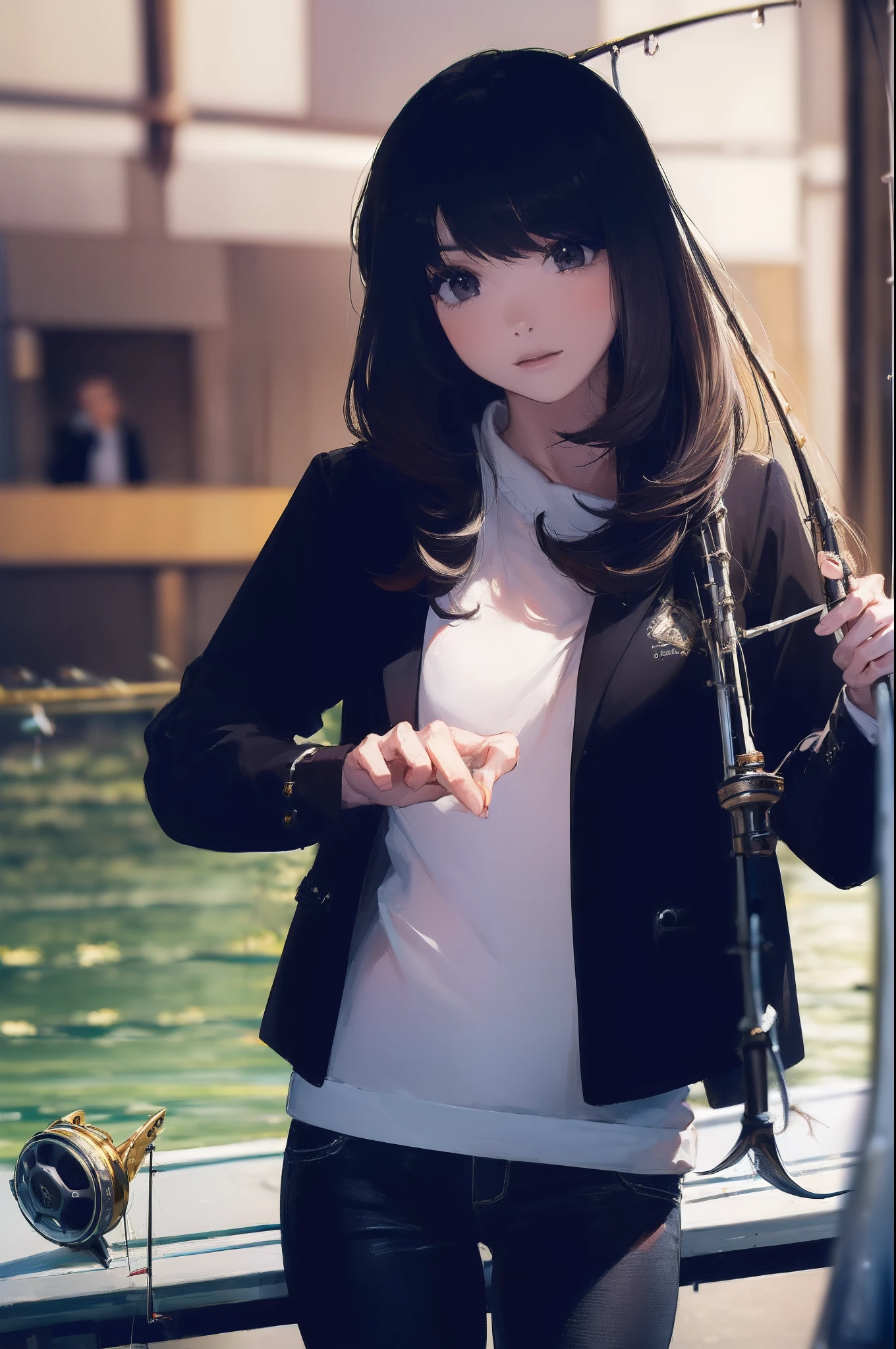 ((((having fishing rod with a reel by the lakeside:1.5)))),((Female 28 years old)),((Best Quality:1.5)),(((Hands with the correct number and structure of fingers:1.4))),((Big fish:1.37)),hight resolution,ultra-detailliert,​masterpiece,best qualtiy,(Eight-headed body),Black hair, long eyes-lashes, Solid Circle Eyes, drop shadow, Atmospheric perspective,Super Detail, ccurate, small brest,(Black jacket and black jeans :1.1),top-quality, blurry backround, bokeh dof:1.2, (​masterpiece:1.3),  Atmospheric perspective,Super Detail,dynamic compositions,