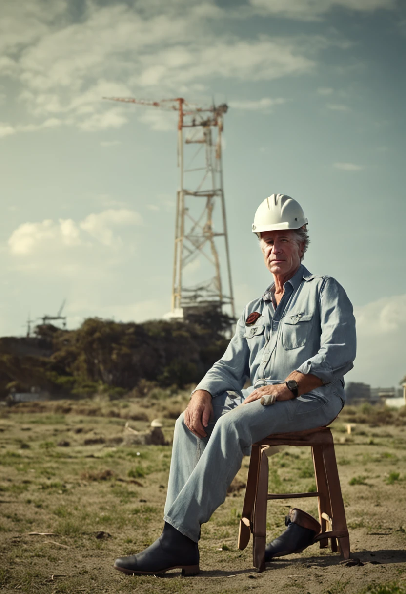homem, 50 anos, rosto parecido com o ator richard gere, camisa branca, Denim Jeans Pants, um metro e oitenta de altura, cabelo grisalho, boot on the feet, white safety helmet, Standing on a lawn with blue sky in the background