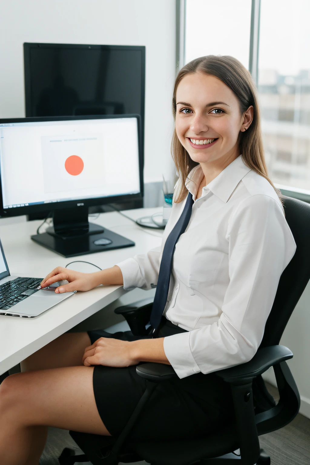 corporate job smiling sitting down at computer