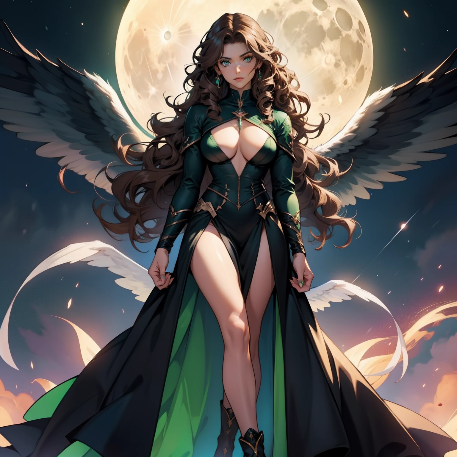 Angel Woman. Sexy Badass Witch. Brown Curly Hair. Angel Wings. Strong Woman. Beautiful Moon Background. Full Body. Power in the Hands. Long Curly Hair. Green Eyes