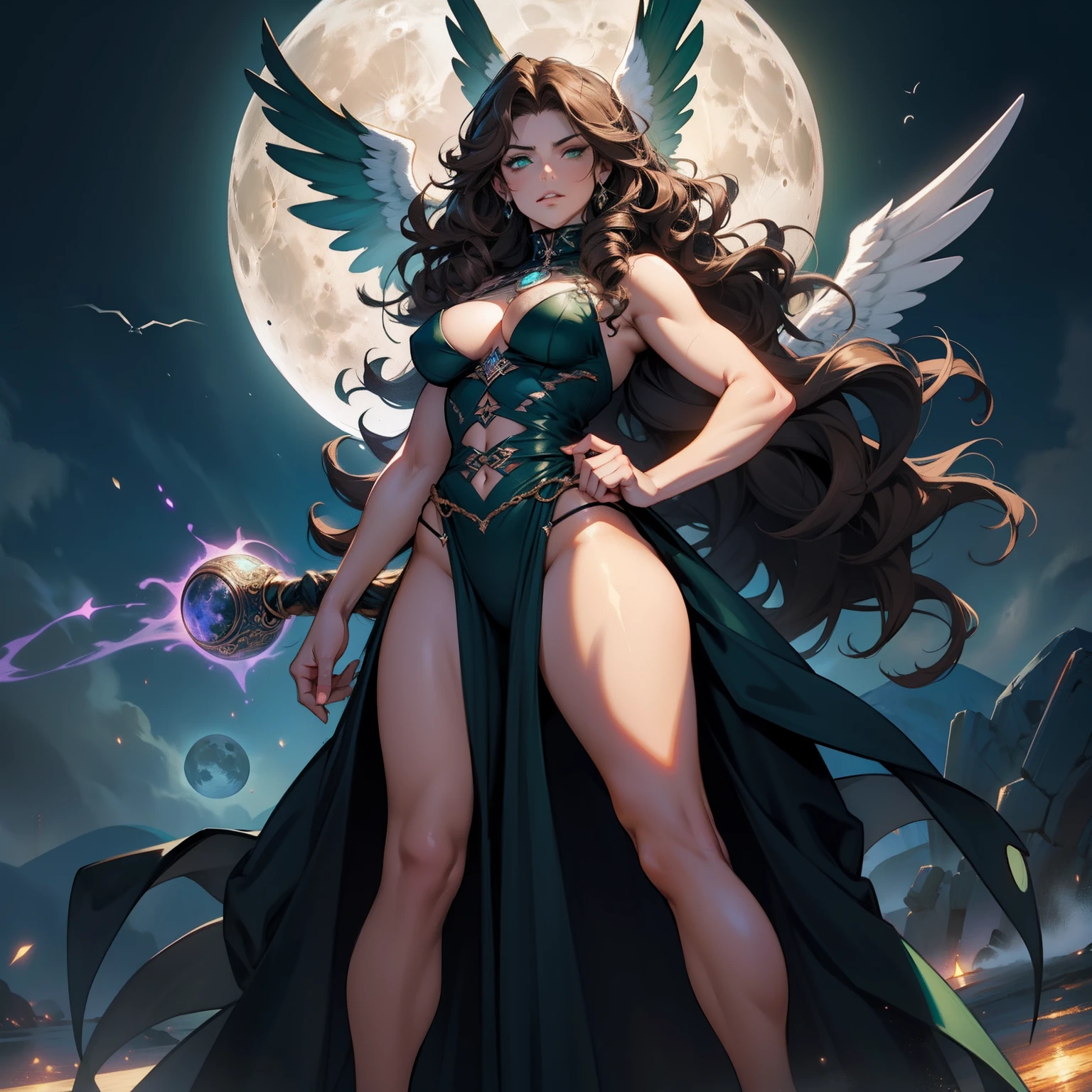 Angel Woman. Sexy Badass Witch. Brown Curly Hair. Angel Wings. Strong Woman. Beautiful Moon Background. Full Body. Power in the Hands. Long Curly Hair. Green Eyes