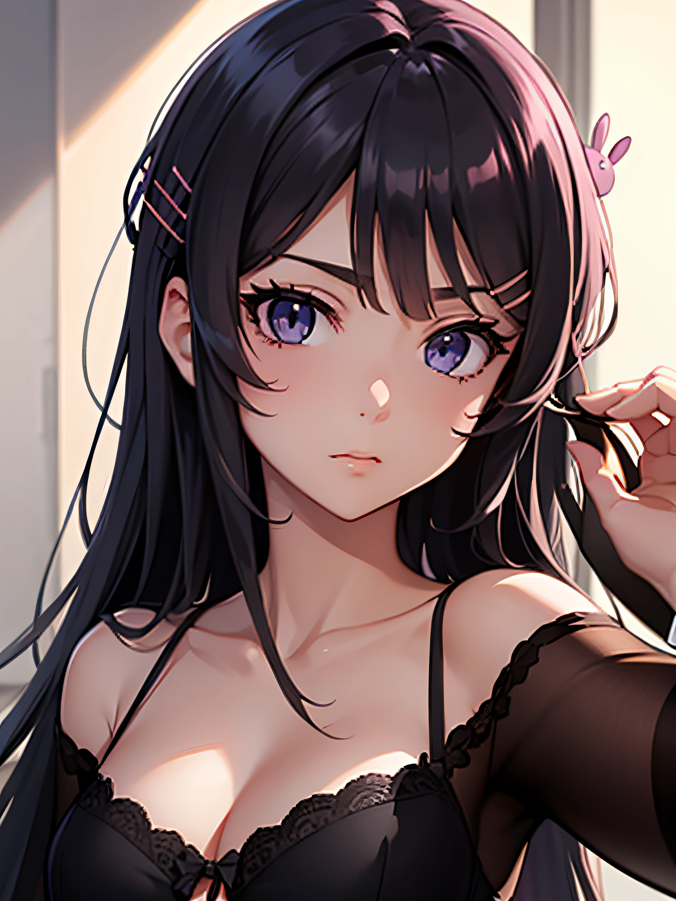 2d, sketch art, one anime woman, sad, black hair, rabbit pink hairpin, busty, medium breasts, cleavage, POV, close up, black nightgown, (detailed eyes, beautiful eyes), (purple eyes:1.2)
