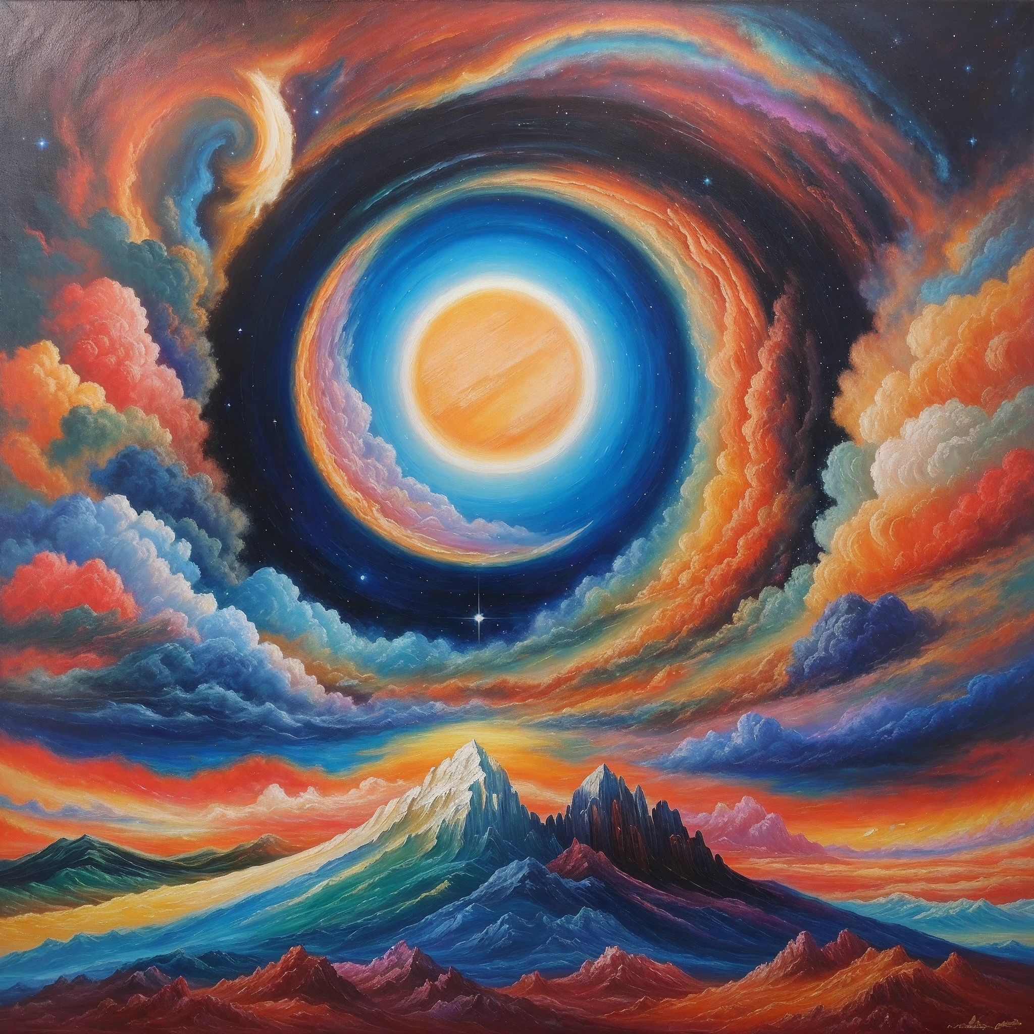 In the beginning God created the heavens and the earth, acrylic paint, cores vibrantes, painting of a bright sun in a colorful sky with a mountain in the foreground, surreal oil on canvas, inspirado na Igreja de Frederico, Cosmic Colorido Last Moongate, Painting of a dreamlike landscape, Fantasy oil canvas, epic surrealism 8k oil painting, surreal space, surreal oil painting, no plano astral ) ) ), Mystic oil on linen, pittura metafisica