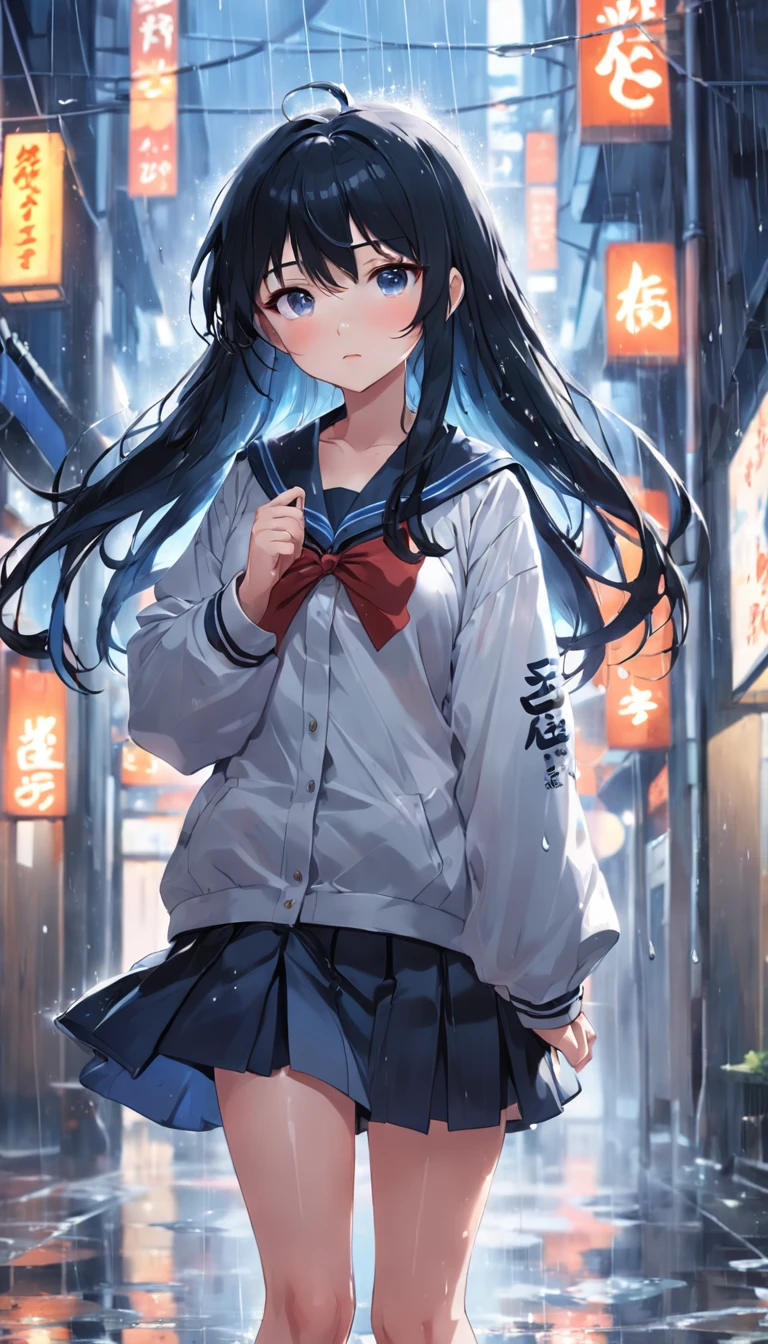 Anime girl with long black hair, beautiful anime artwork, style of anime4 K, anime art wallpaper 4k,rainy day,windows,In the street,rain drops、cute little、Good style、Japanese student uniform、skirt by the