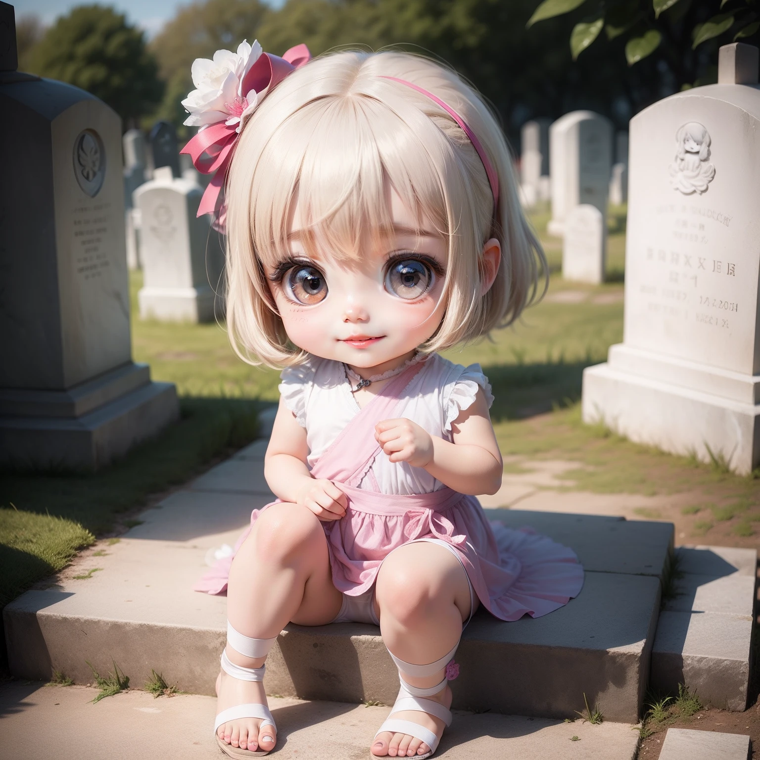 Cute Baby Chibi Anime,（（（Super masterpiece、top-quality、ultra-detailliert、1 girl in、Chibi：1.5）））、Fashionable Chibi、fashion modell、Wrap a white bandage around the whole body、White bandaged toe、outside of house、Foreign Cemetery in Yokohama、The best smile、Looking at the camera、A detailed face、highdetailskin、（Chibi：1.4）