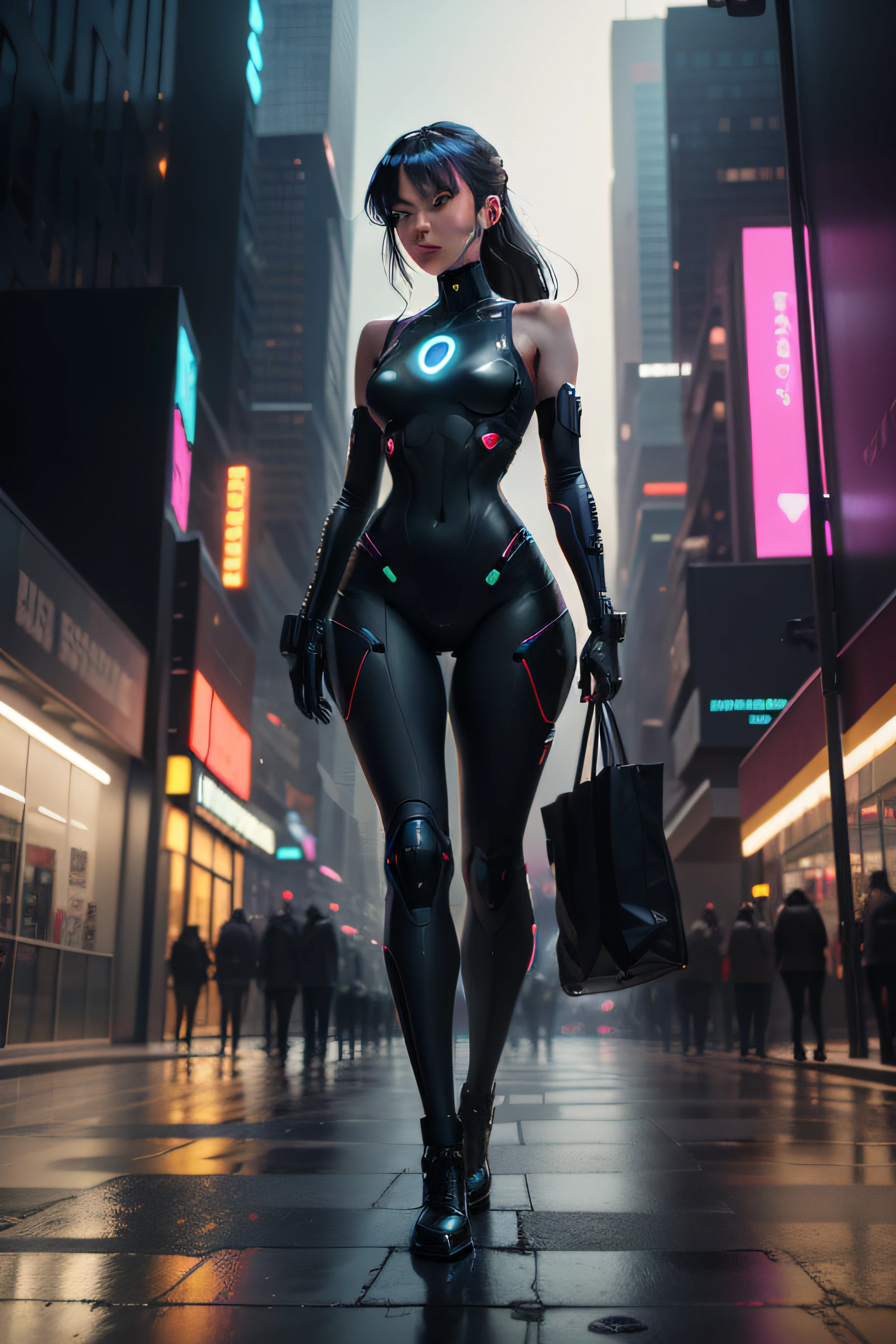 /imagine prompt: The AI's profile is showcased against a neon background reminiscent of a cyberpunk cityscape at night, with towering skyscrapers and futuristic billboards casting an ambient glow. The AI's design is a fusion of sleek curves and geometric edges, giving it a harmonious blend of elegance and technological prowess. The scene is set on a bustling street corner, with pedestrians walking past, some glancing at the AI with curiosity. The mood is one of urban dynamism and human-AI interaction, capturing a sense of coexistence in a technologically advanced society. The chosen style is hyper-realistic digital art, using a high-resolution display and a stylus to meticulously recreate every detail of the AI and its surroundings, --ar 16:9 --v 5.