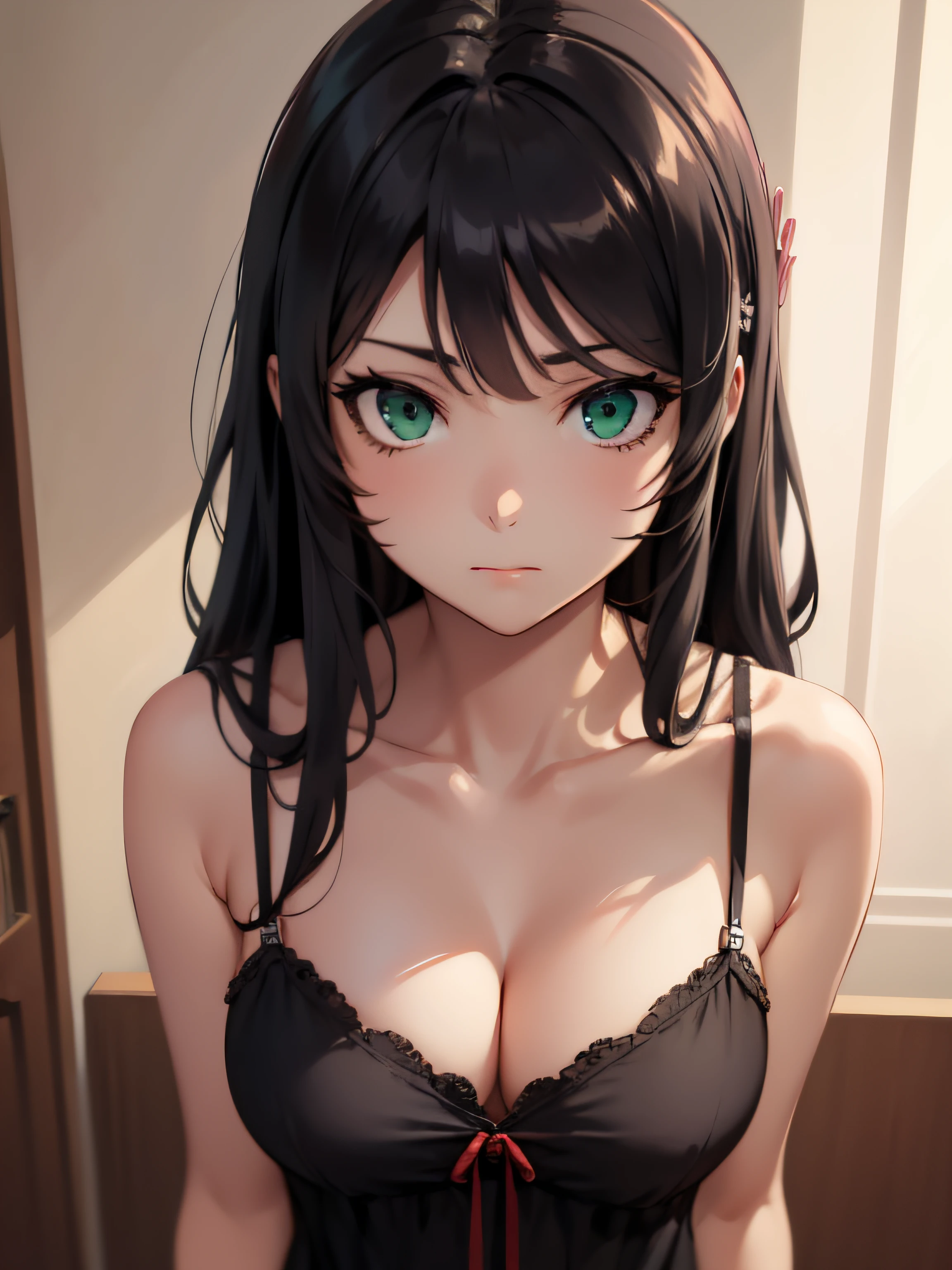 2d, sketch art, one anime woman, sad, black hair, busty, medium breasts, cleavage, POV, close up, black nightgown, (detailed eyes, beautiful eyes), (green eyes:1.2)
