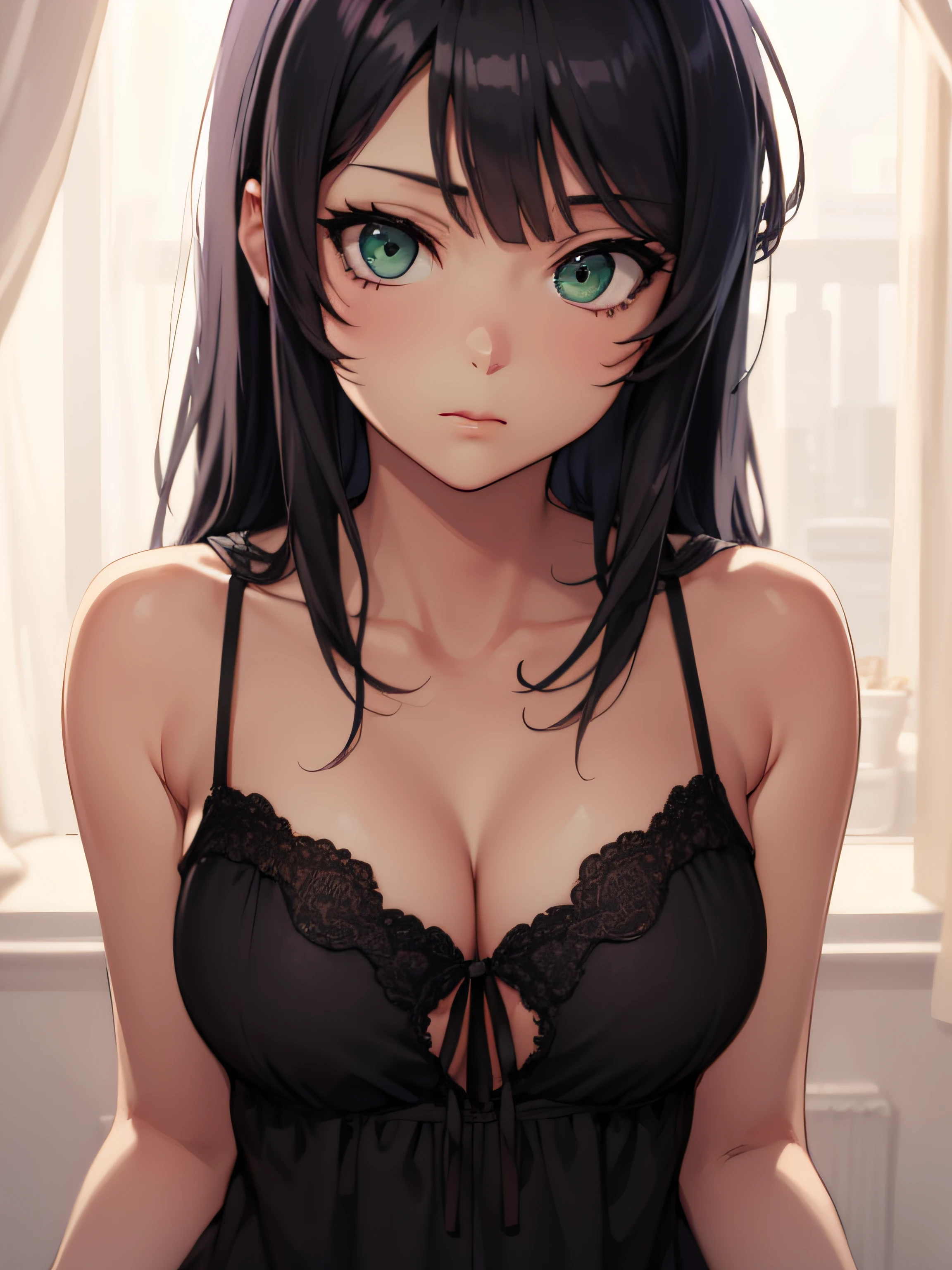 2d, sketch art, one anime woman, sad, black hair, busty, medium breasts, cleavage, POV, close up, black nightgown, (detailed eyes, beautiful eyes), (green eyes:1.2)