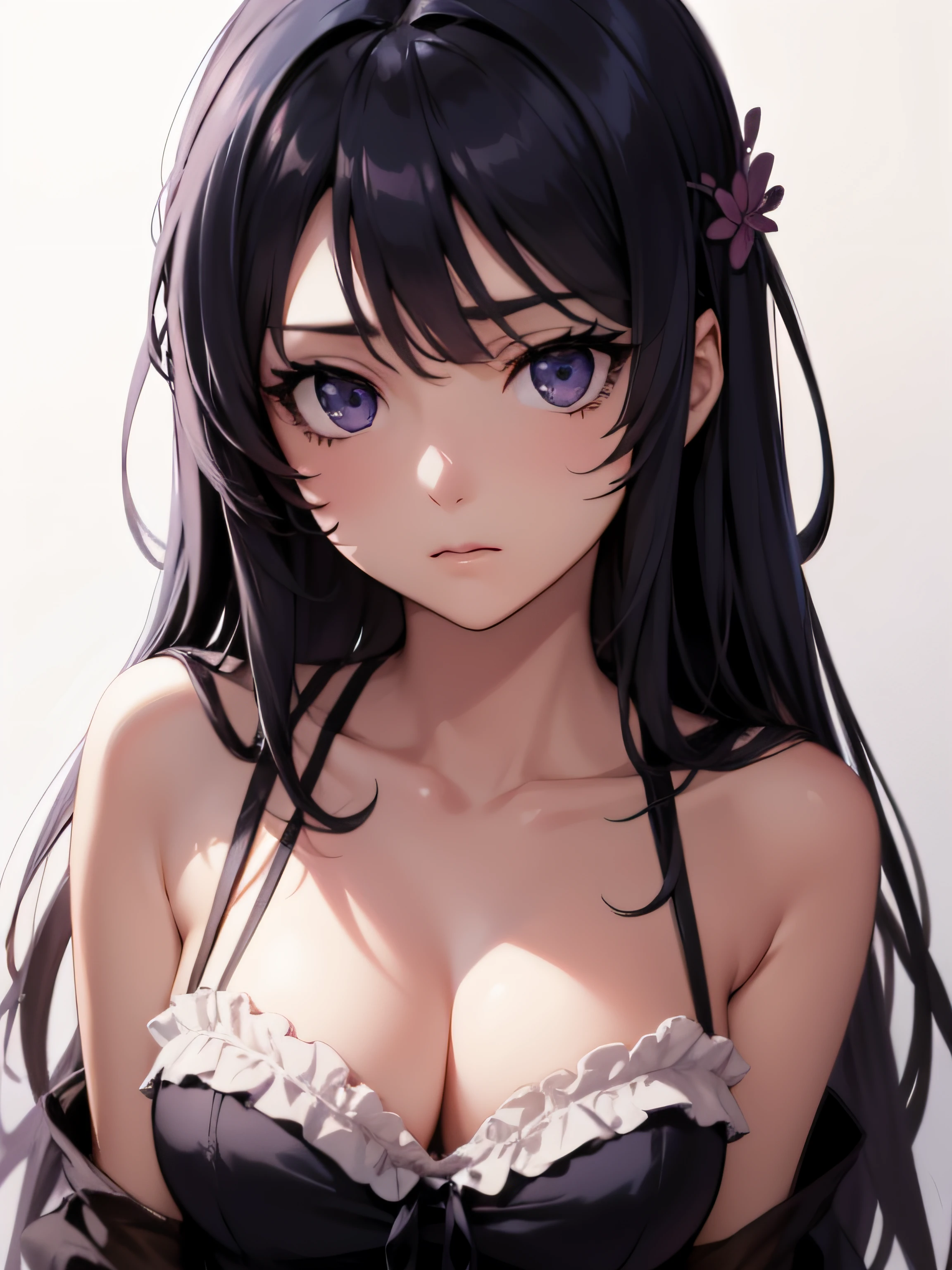 2d, sketch art, one anime woman, sad, black hair, busty, medium breasts, cleavage, POV, close up, black nightgown, (detailed eyes, beautiful eyes), (purple eyes:1.2)