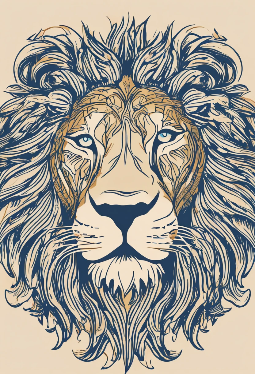 Logotipo minimalista de face do leao inspirado no estilo de James Jean. Simple and simple icon representing a lion's face with sharp lines and defined contours. Paleta de cores de azul profundo e dourado reluzente. Elegant typography and consistent spacing. Powerful combination of mythological elements and artistic aesthetics