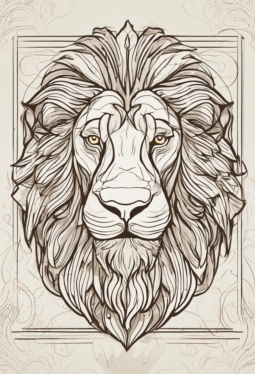 Logotipo minimalista de face do leao inspirado no estilo de James Jean. Simple and simple icon representing a lion's face with sharp lines and defined contours. Paleta de cores de azul profundo e dourado reluzente. Elegant typography and consistent spacing. Powerful combination of mythological elements and artistic aesthetics but simplified
