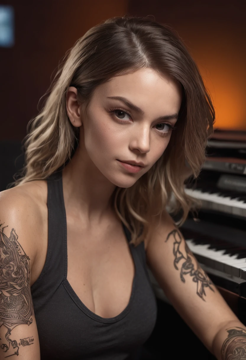 There is a woman sitting in front of a keyboard with a tattoo on her arm, arte promocional, Fanart, Martin Ansin, Retrato da obra, imagem promocional, Arte da sede, arte promocional, Fanart, Album art, arte oficial, arte chave, arte promocional, Siswave, artista digital, Ashtelos, futurismo afro, Jen Bartel, tecladista, mistura