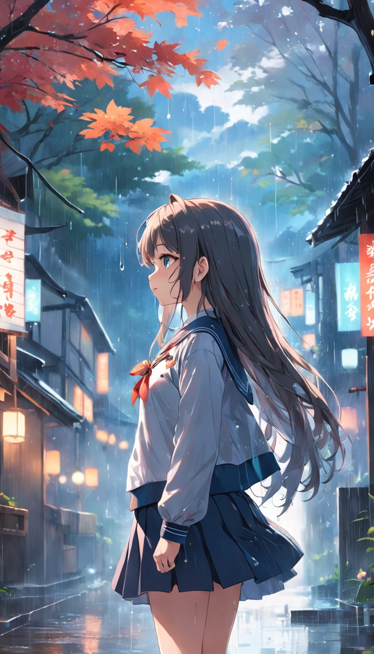 anime girl with long hair and flowers in her hair, beautiful anime artwork, style of anime4 K, anime art wallpaper 4k,rainy day，windows，the woods，rain drops、Cute profile、Good style、Japanese student uniform、skirt by the