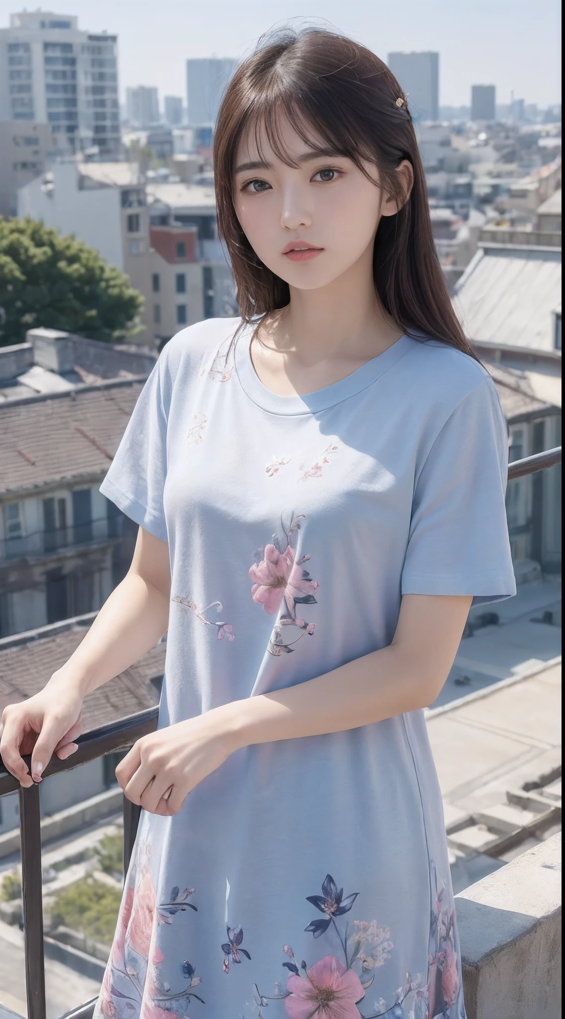 (8K、top-quality、masterpiece:1.2)、(realisitic、Photorealsitic:1.37)、ultra-detailliert、((Beautuful Women))、((Floral T-shirt))、JINS、looking at the viewers、On the roof of a building、