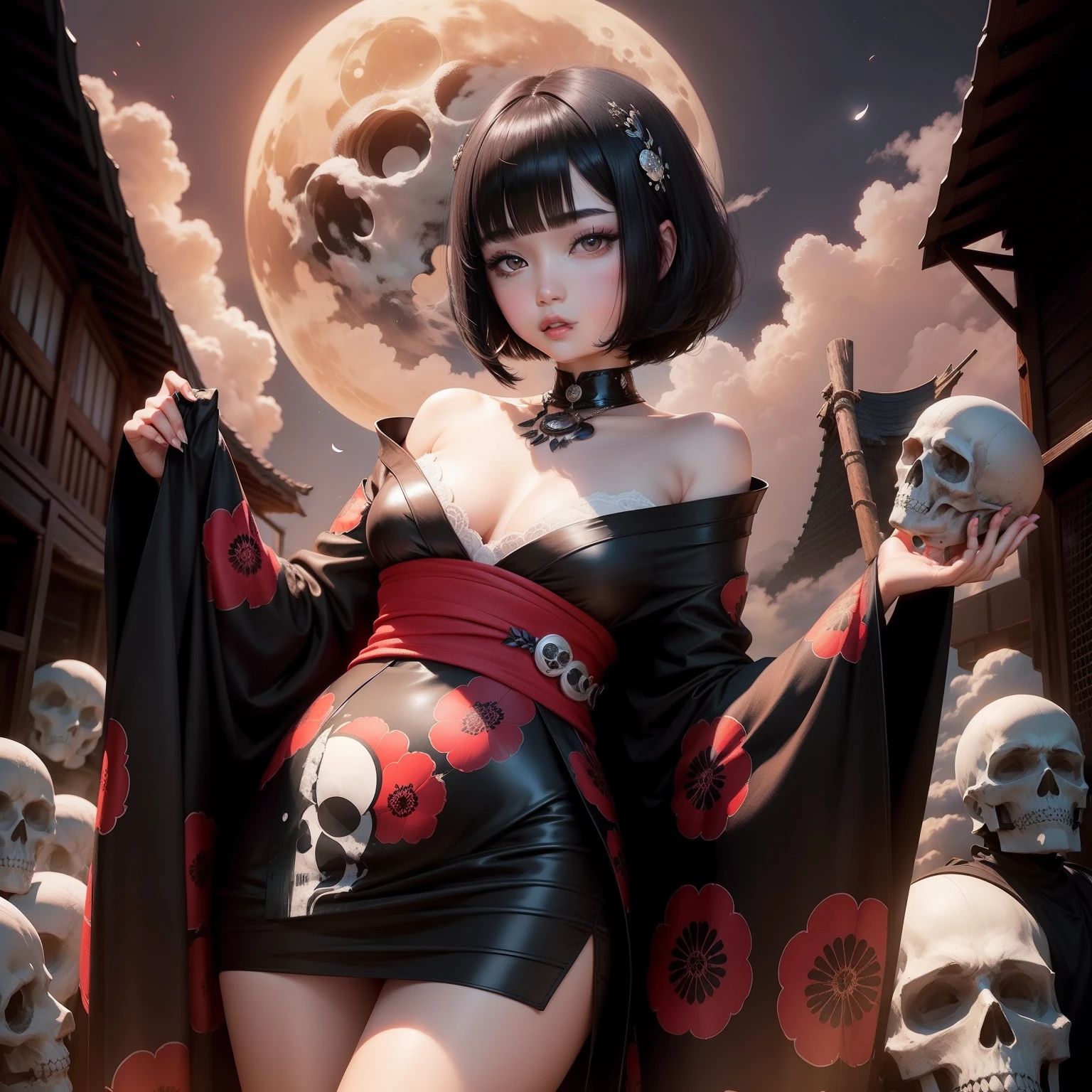 Beautiful black hair bob cut、Clouds covering the moon、Pretty shoulders