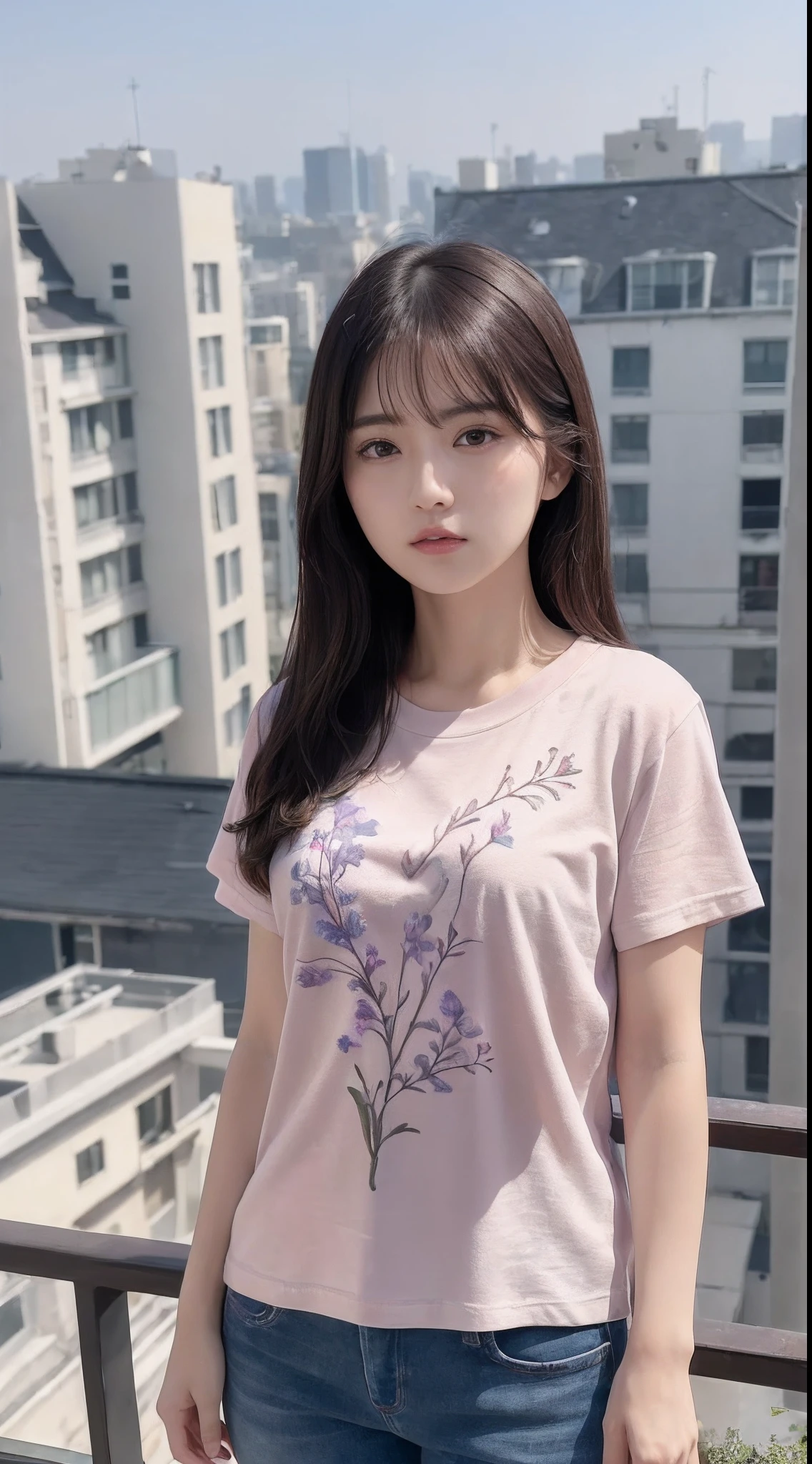 (8K、top-quality、​masterpiece:1.2)、(realisitic、Photorealsitic:1.37)、ultra-detailliert、((Beautuful Women))、((Floral T-shirt))、JINS、looking at the viewers、On the roof of a building、