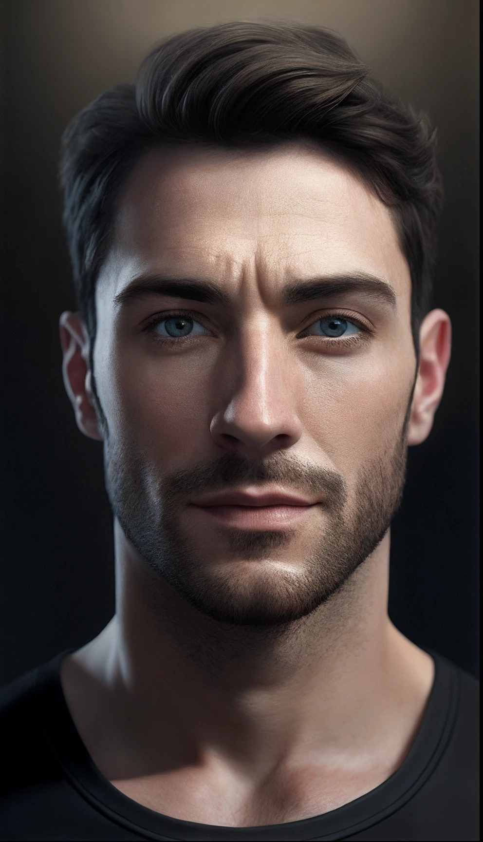 um homem com barba e camisa preta, Cinematic realistic portrait, bonito rosto detalhado, rosto realista altamente detalhado, Rosto altamente detalhado de 8k, retrato de rosto detalhado realista, 8k portrait render, sharp high detail face, realistic face moody lighting, rosto realista detalhado, rosto realista humano, Retrato VFX altamente detalhado, rosto detalhado e realista, rosto realista e detalhado