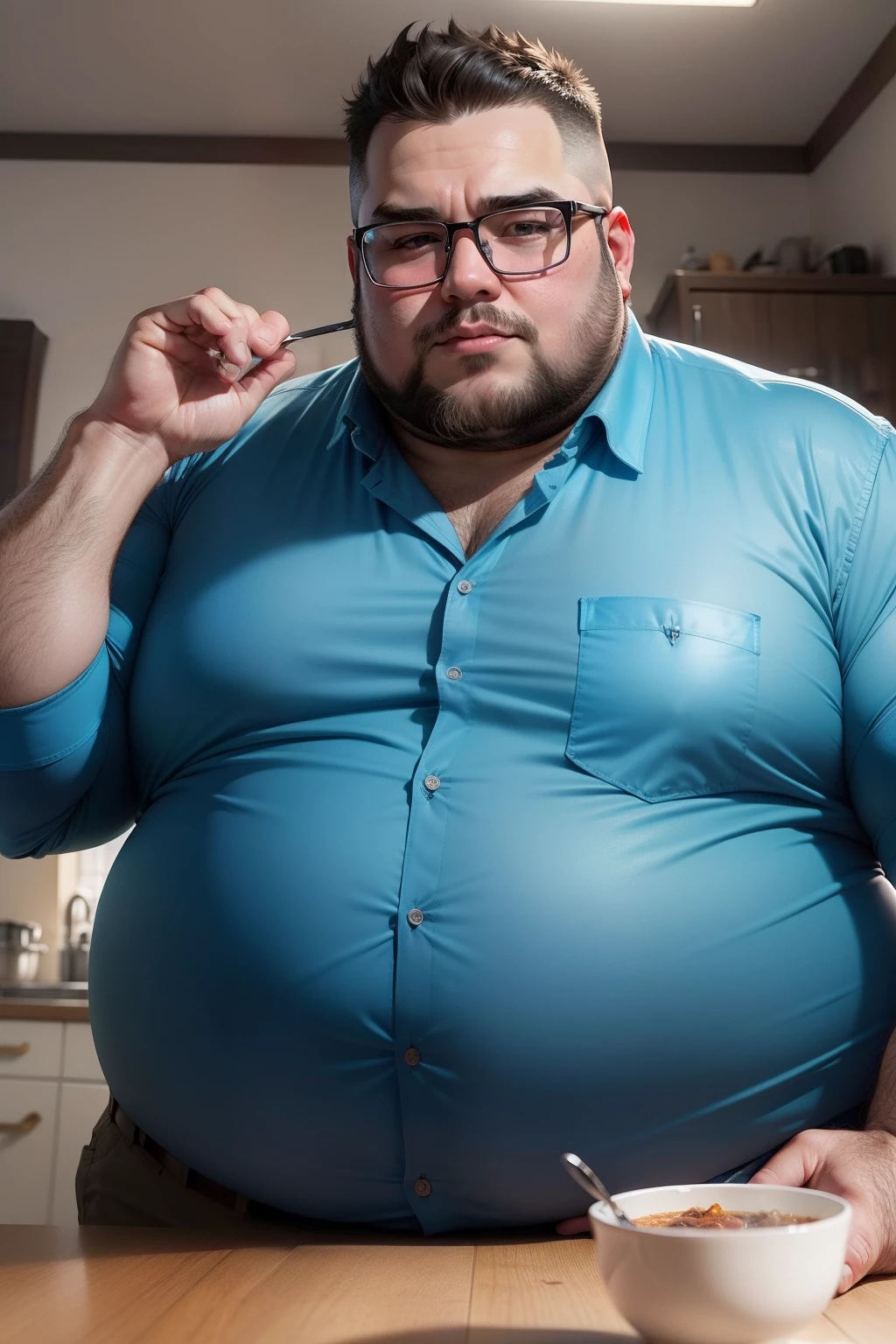 VERY FAT MAN WITH GLASSES WITHOUT A BEARD, CAMISA BRANCA COM GRAVATA AZUL, USA BONE AZUL TRABALHA EM UMA LANCHONETE