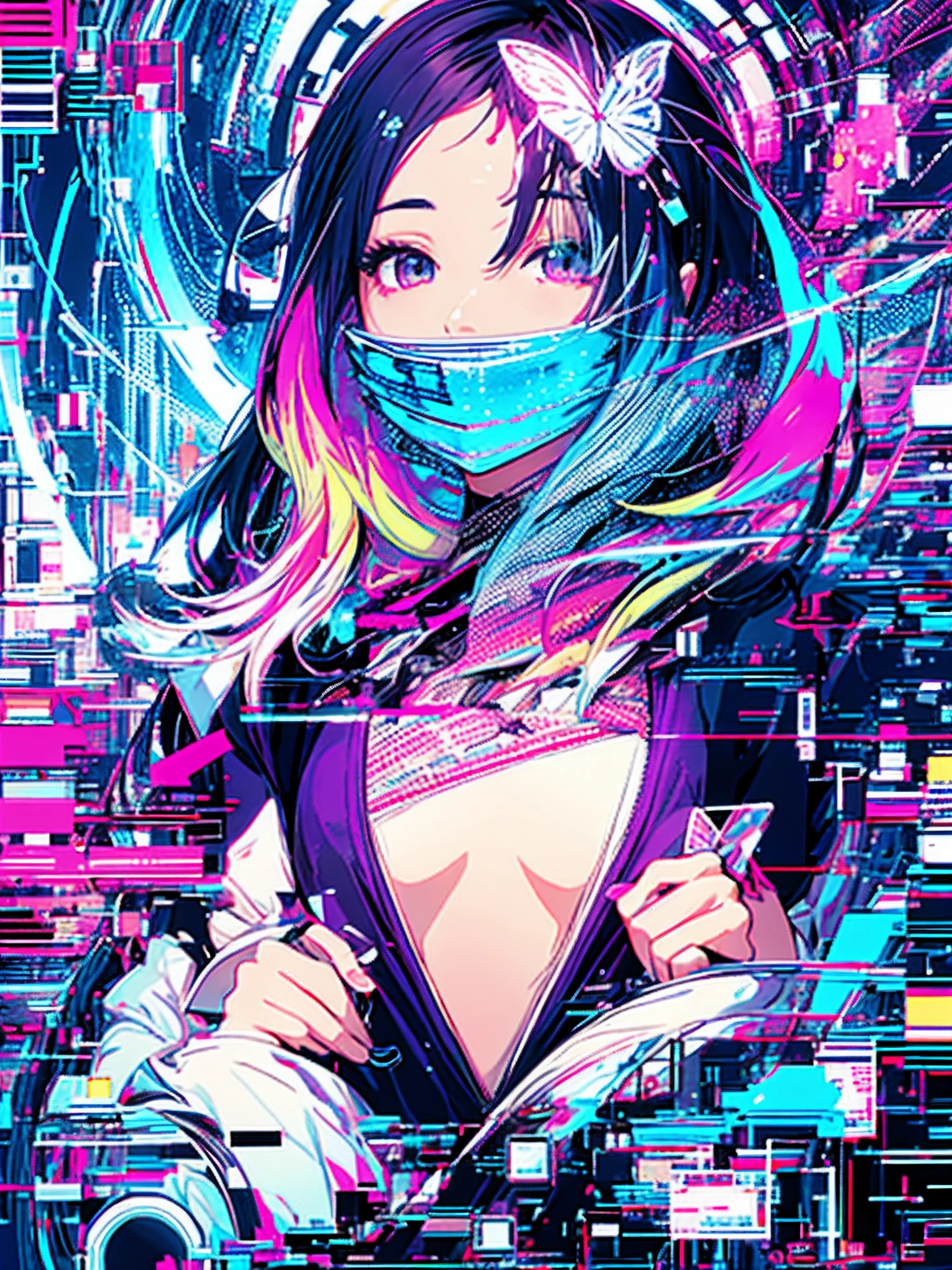 (masterpiece、top-quality:1.1、Top resolution:1.1、Official art、beautifly、Aesthetic:1.2、(1girl in:1.3)、glitch art、(digital distortion:1.1)、pixelated fragments、data corruption、Colorful Noise、Visual confusion、modern aesthetic、Runaway light and electricity、Atmospheric swimwear、steam、fumo、A vortex of chaos and madness、Fantastico shortcuts、Time travel