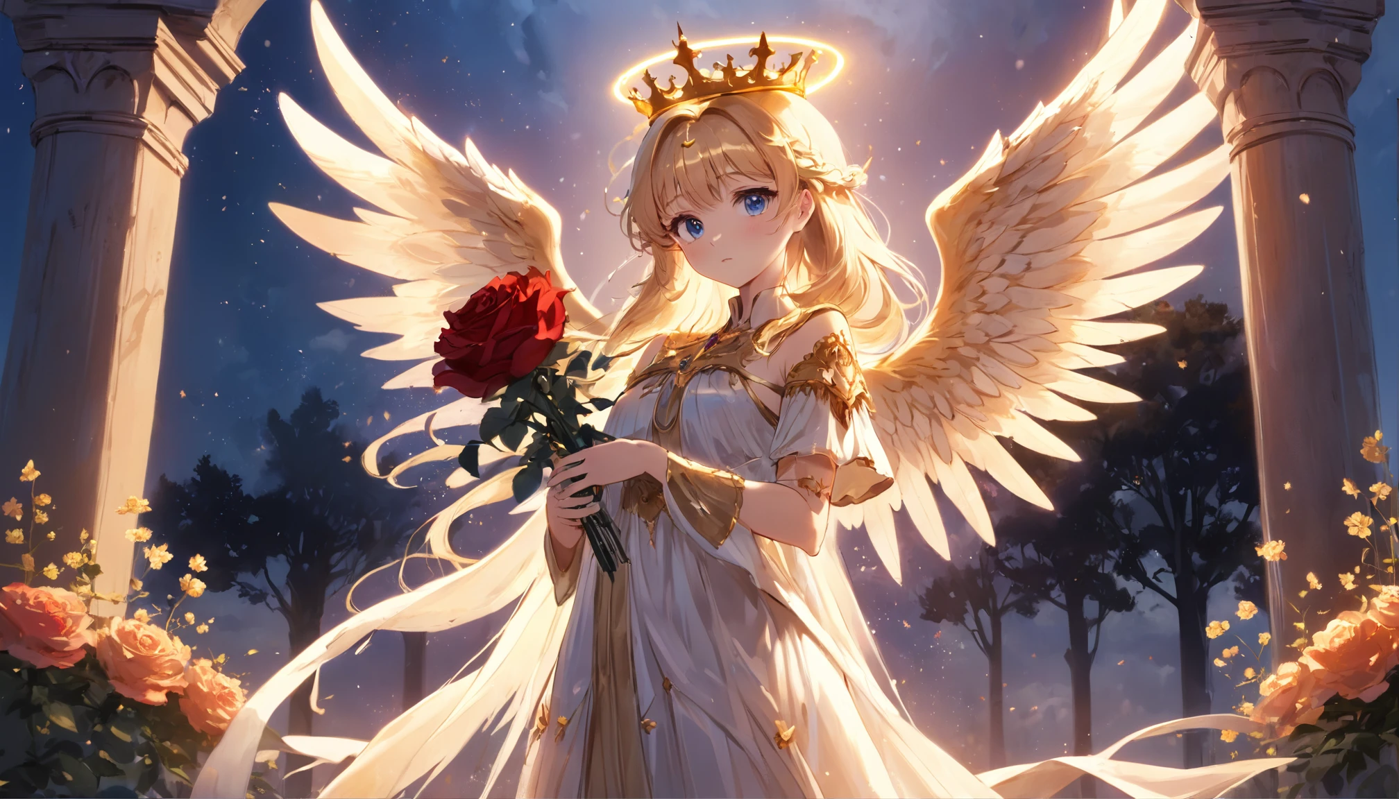 a angel holding a rose in a garden, sunset, flowers, artistic,  misterouys, sad, nature, gorgeous, heaven, pure, divine, holy, dress, cute, golden, golden crown, stunning  view,blue sky,magic particles, glowing eyes, glowing crown, glow