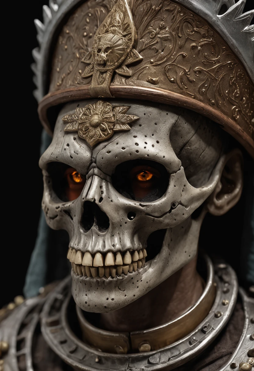 um close up de um policial caveira, com olhos em chamas, sorriso maligno, semblantes de psicopata, arte detalhada assustadora em cores, arte colorida assustadora em 4K, Conjurando fundo em chamas, arte digital detalhada, policial sentado olhando para a tela, hyper detailed illustration, death skull, arte assustadora em cores, fundo do vazio liminar do policial, estilo de arte sombria, Set with a burning penitentiary, fundo com uma cadeia pegando fogo.