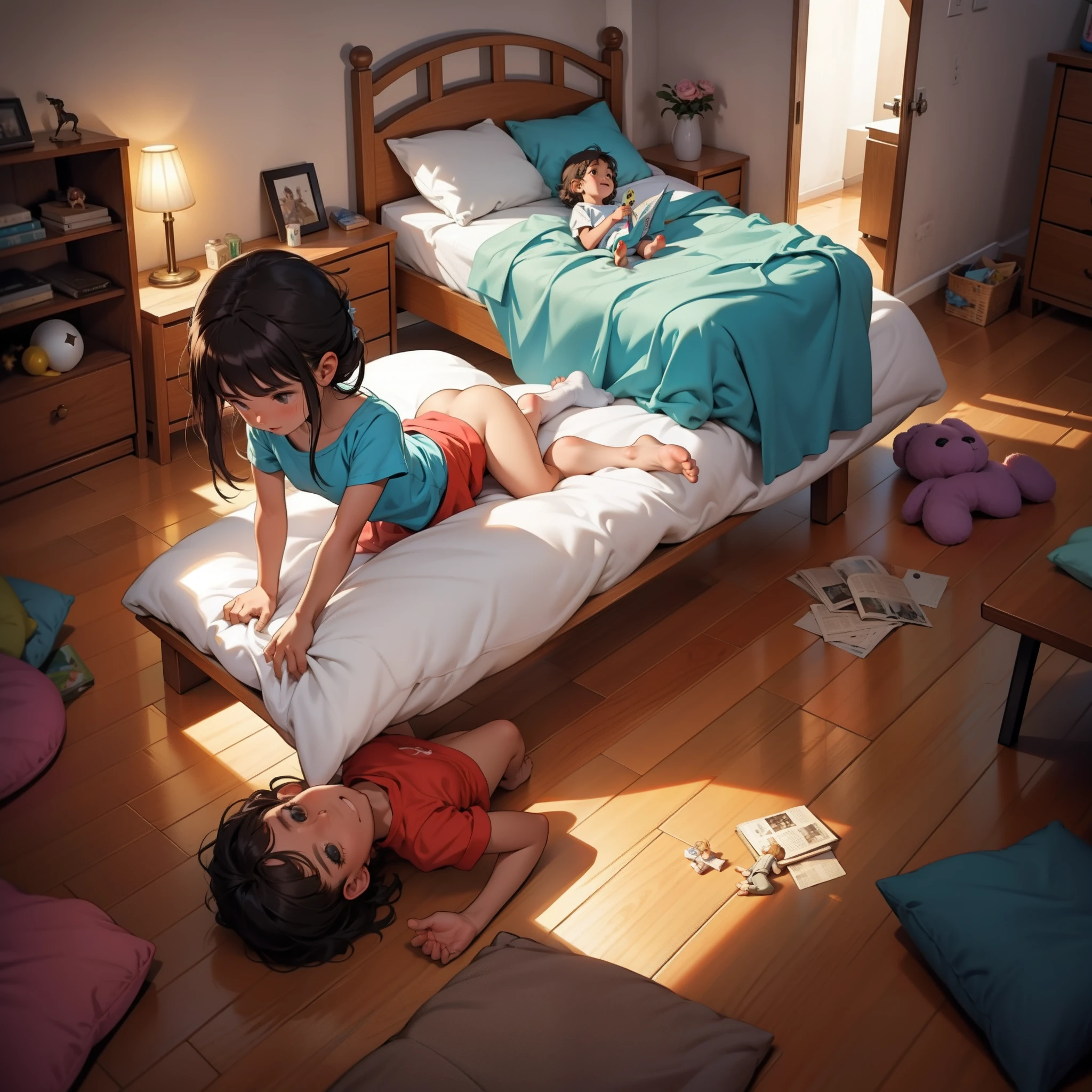 Num quarto escuro, iluminado apenas por uma vela, toys on the floor, Two children talking