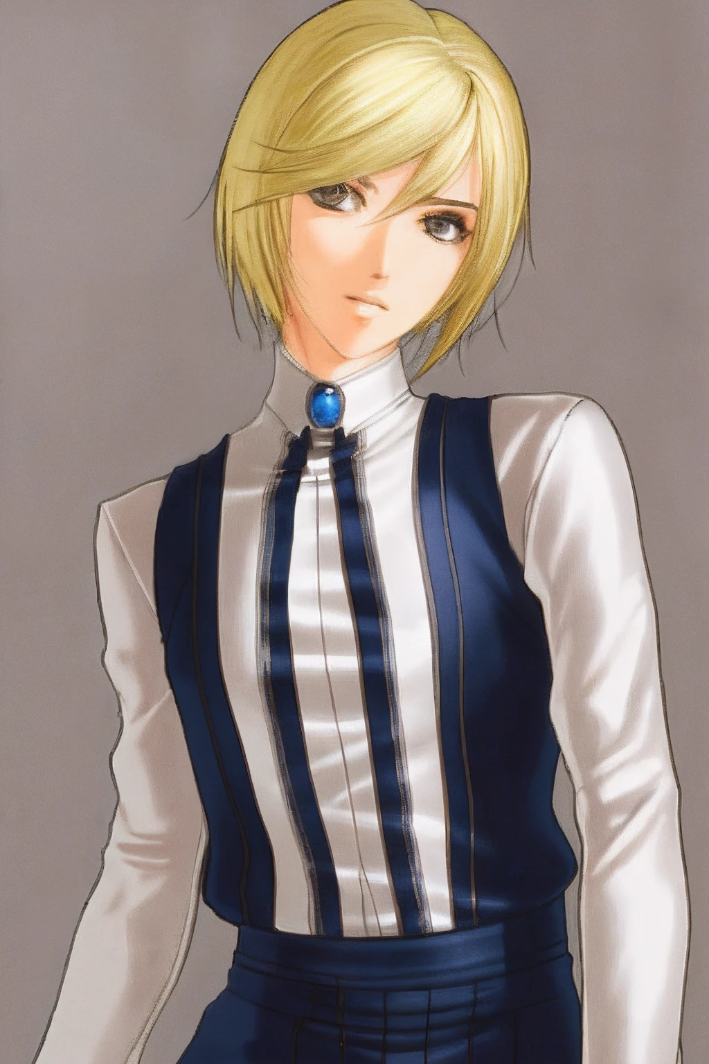 foco apenas, (Estilo FE9, meio corpo, sem molduras:1.1), fundo simples, um homem, medium hair, blonde hair, androgynous, dancer costume