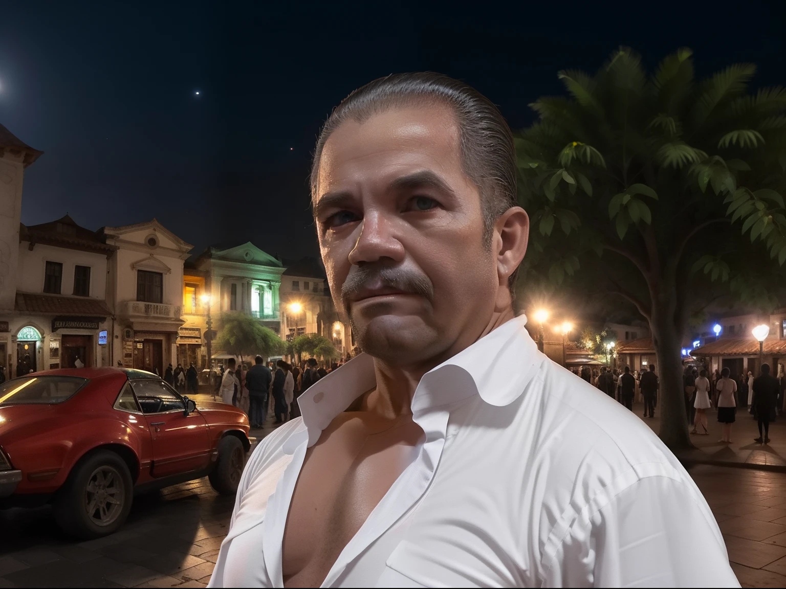 DClark as Dracula portrayed in the 1600s era, Standing in the middle of a square. His presence draws attention when looking at the inhabitants of the city with an air of elegance and mystery. Seu traje, consistindo de veludo rico e detalhes vermelhos profundos, contrasts with the mundane scene of the square. It's night and the moonlight illuminates the environment. The mood is tense, mas hipnotizante, as if the trees themselves held their breath in his presence